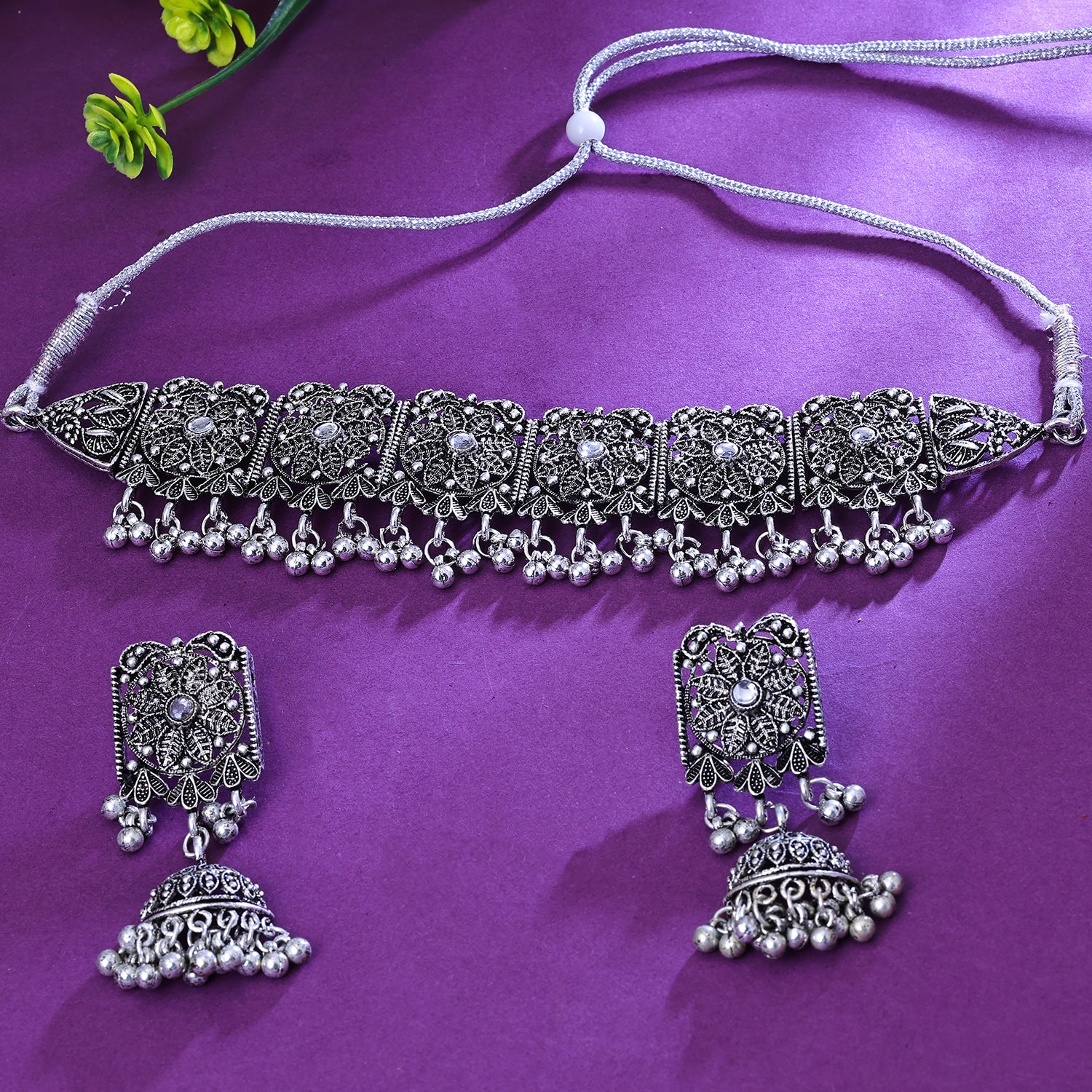 Sukkhi Statuesque White Austrian Stone Oxidised Traditional Necklace Set for Women
