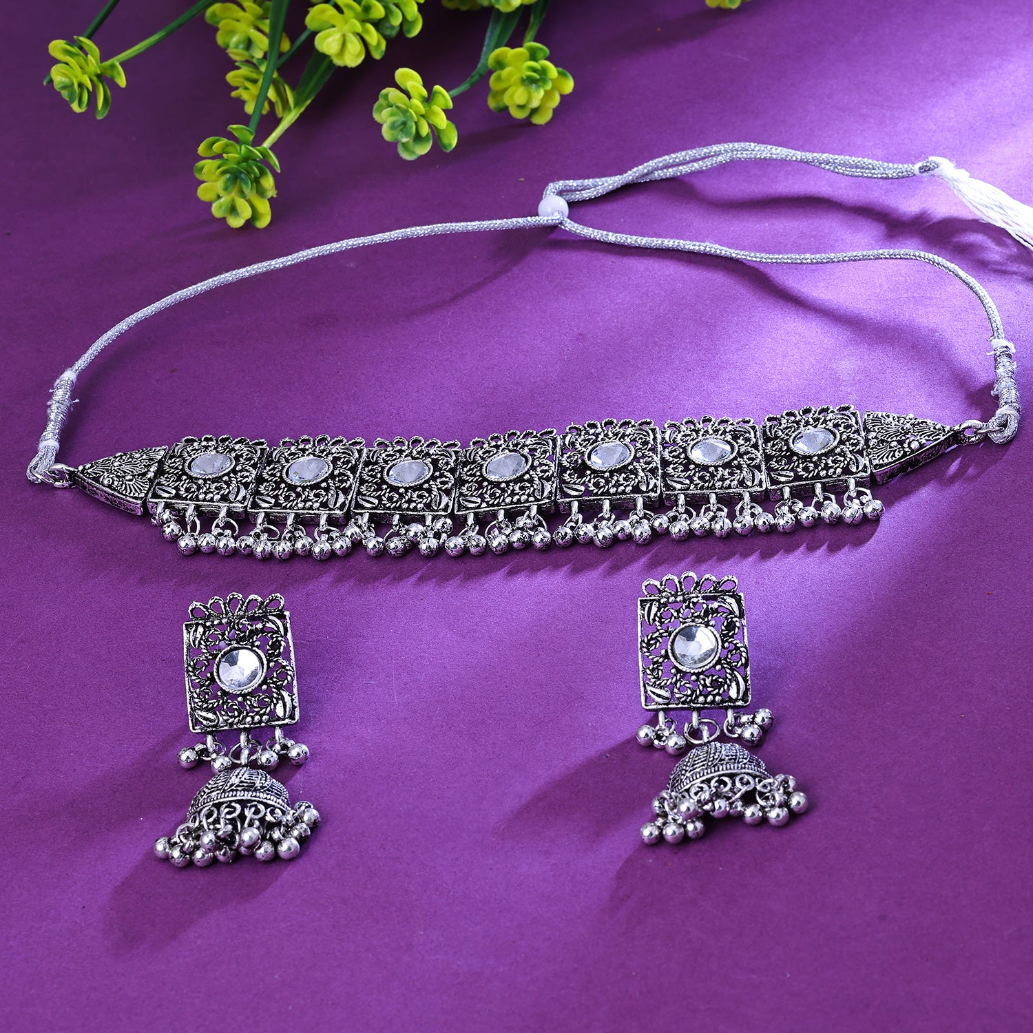 Sukkhi Flawless White Austrian Stone Oxidised Traditional Necklace Set for Women