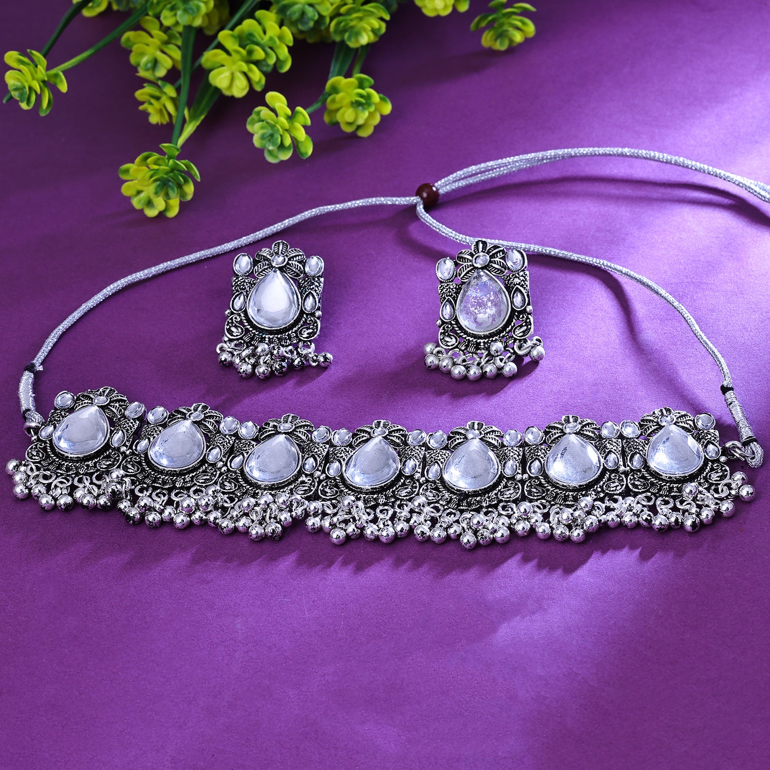 Sukkhi Delicate White Austrian Stone Oxidised Traditional Necklace Set for Women