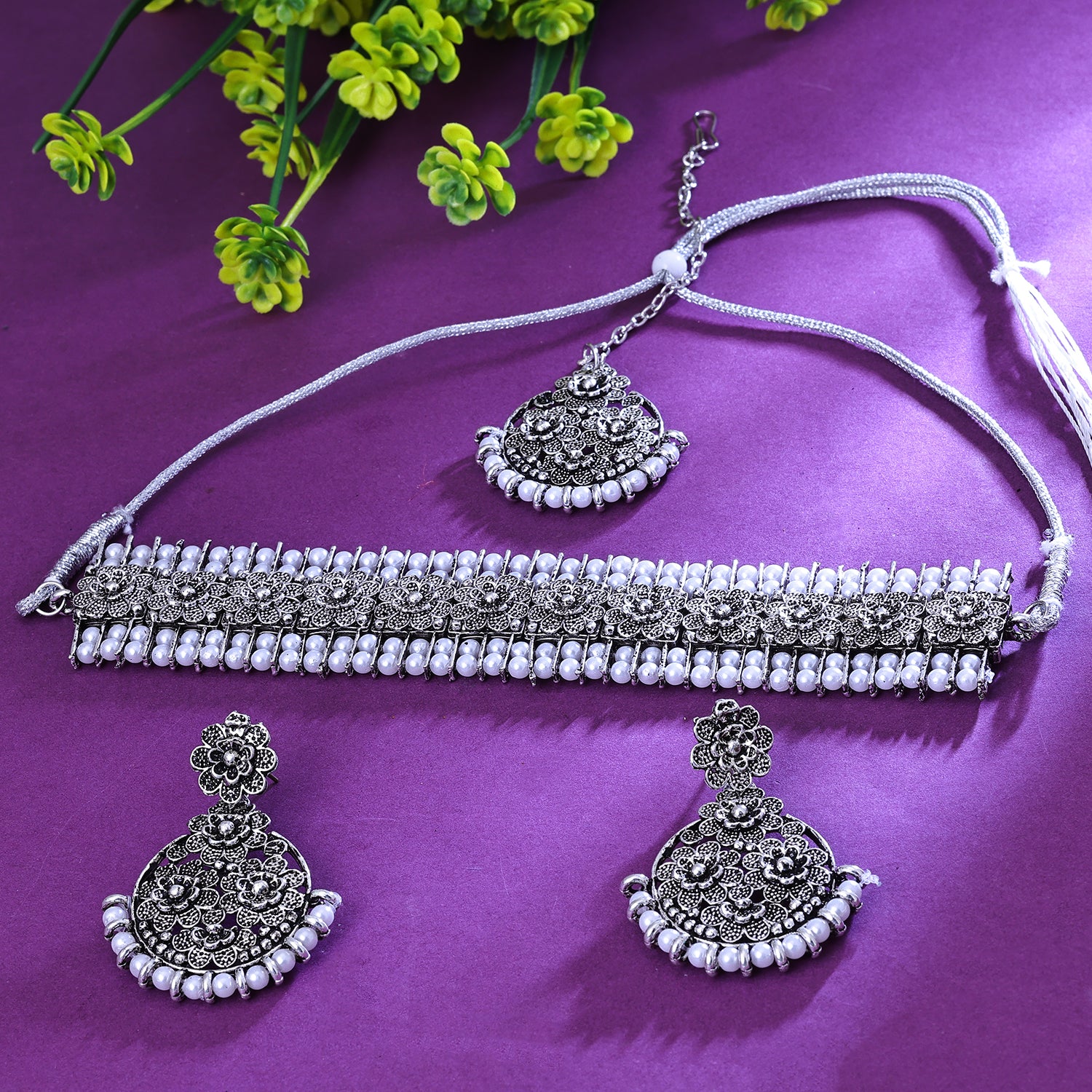 Sukkhi Prettyish White Austrian Stone Oxidised Traditional Necklace Set for Women