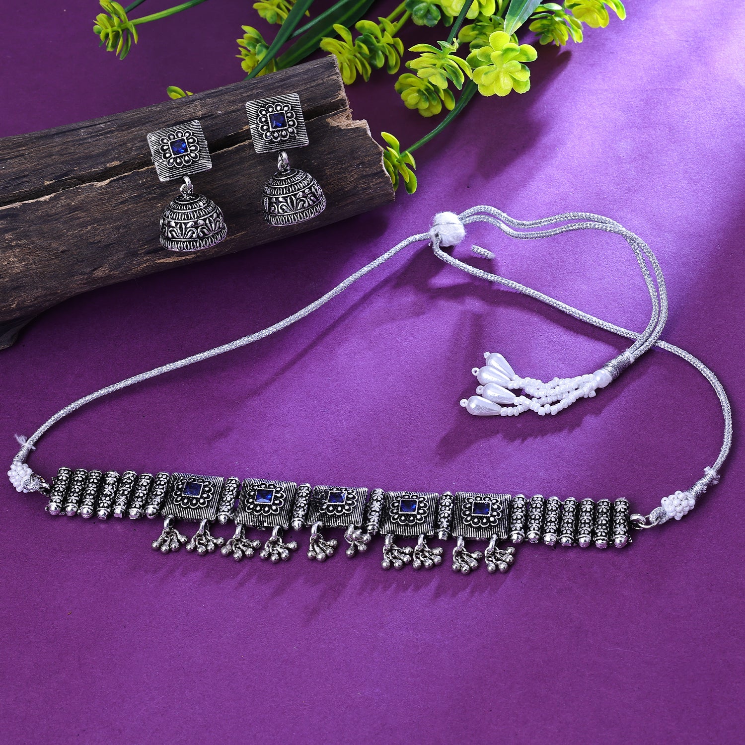 Sukkhi Dishy Grey Austrian Stone Oxidised Traditional Necklace Set for Women