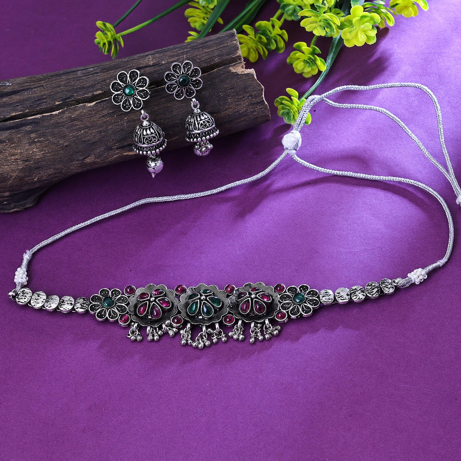 Sukkhi Dollish Grey Austrian Stone Oxidised Traditional Necklace Set for Women