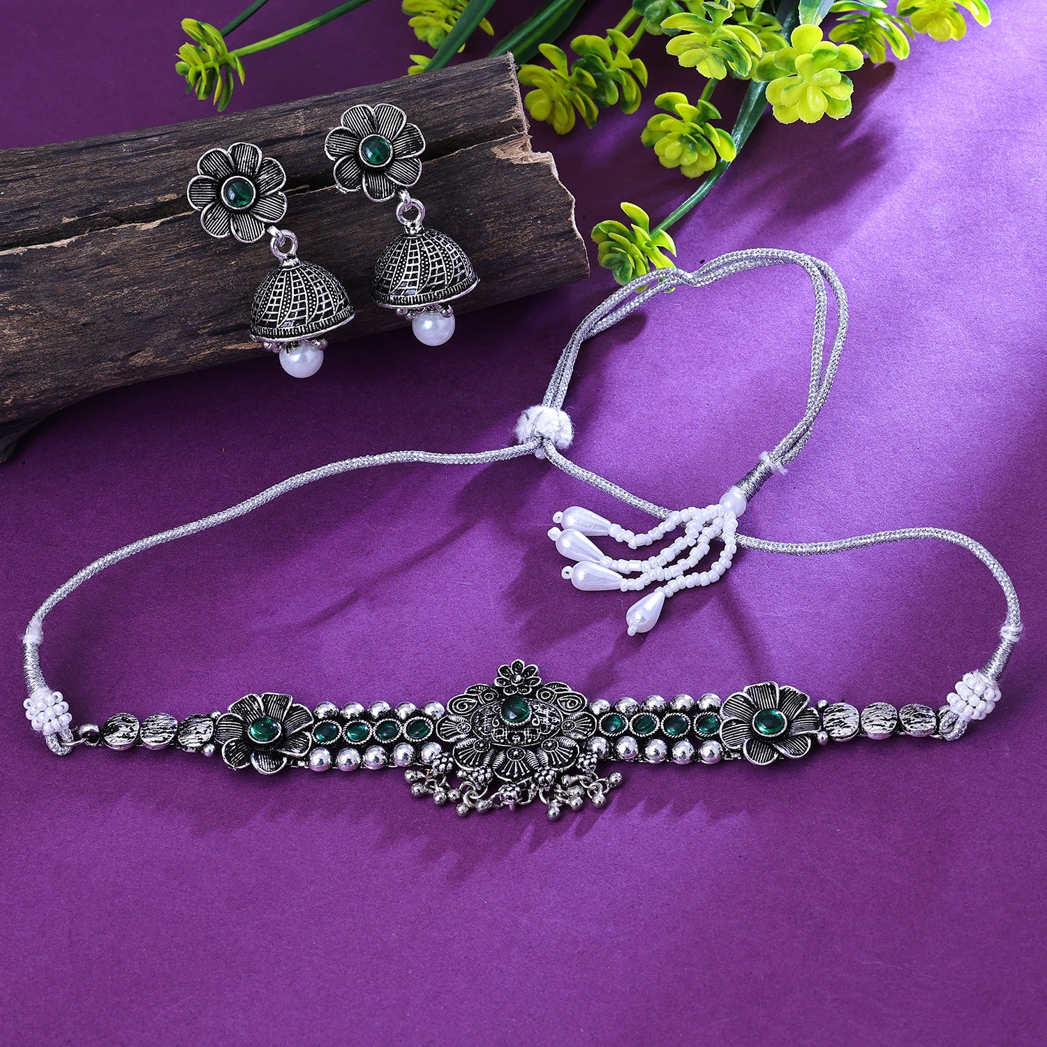 Sukkhi Hot Green Austrian Stone Oxidised Traditional Necklace Set for Women