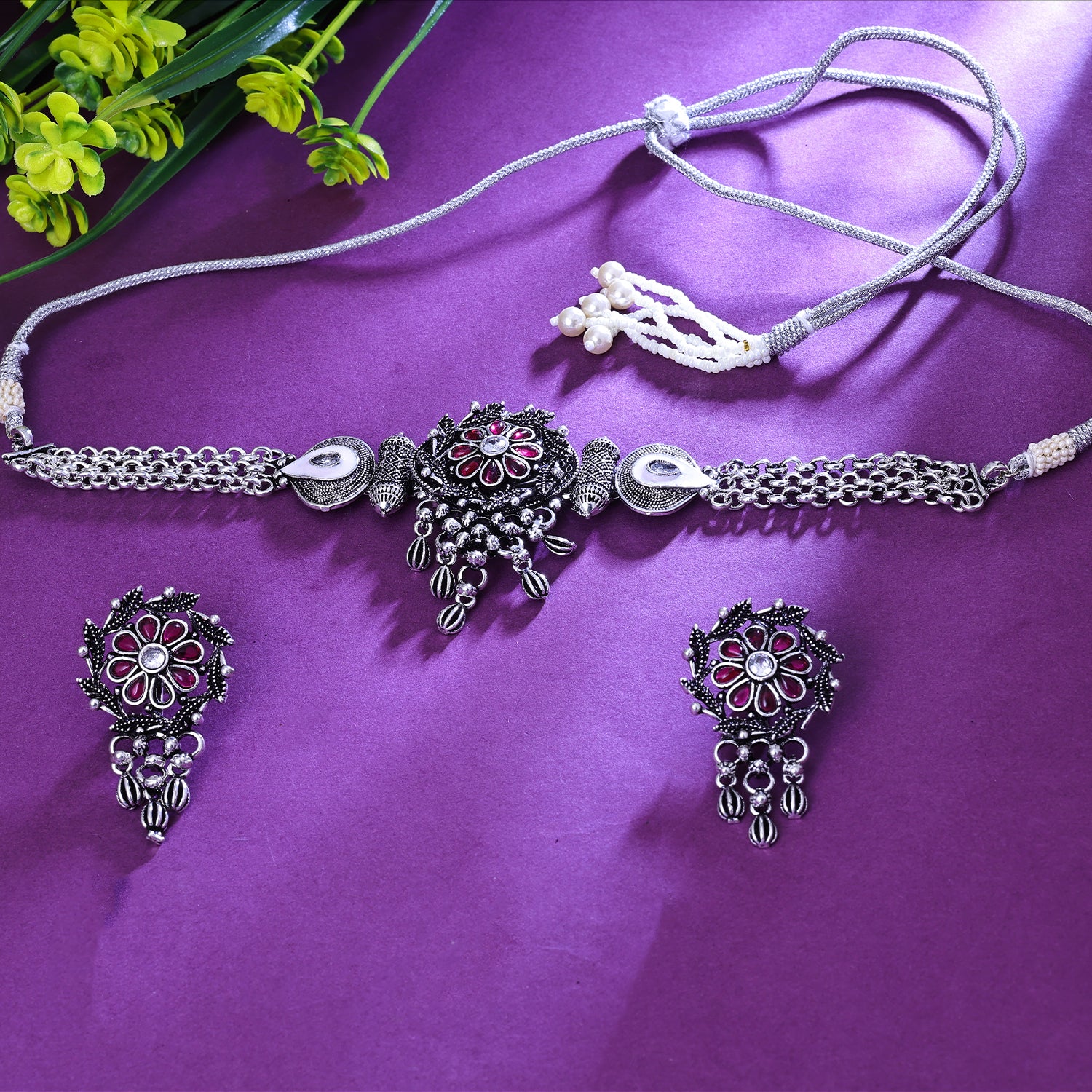 Sukkhi Sexy Silver Austrian Stone Rhodium Plated Traditional Necklace Set for Women
