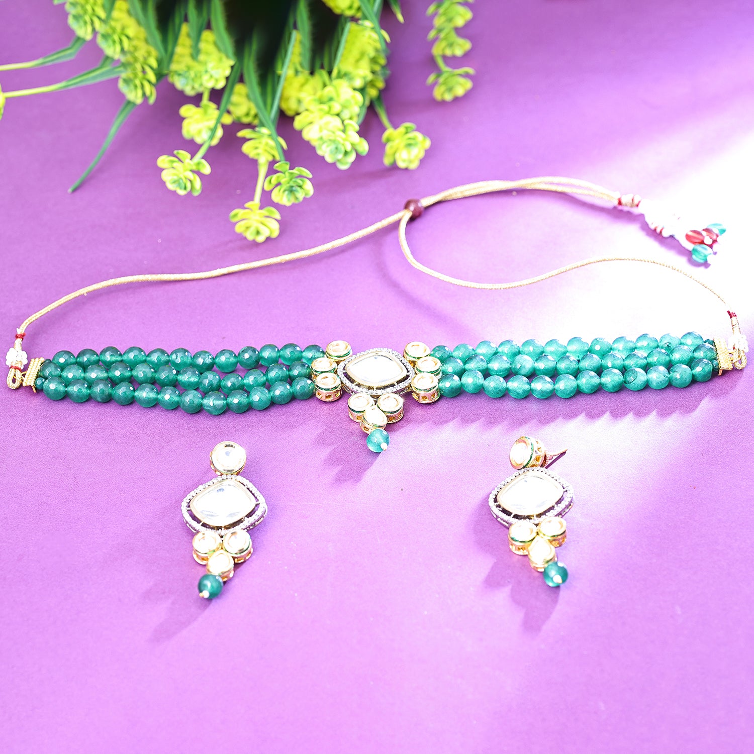 Sukkhi Photogenic Aqua Green Color Stone Gold Plated Traditional Necklace Set for Women
