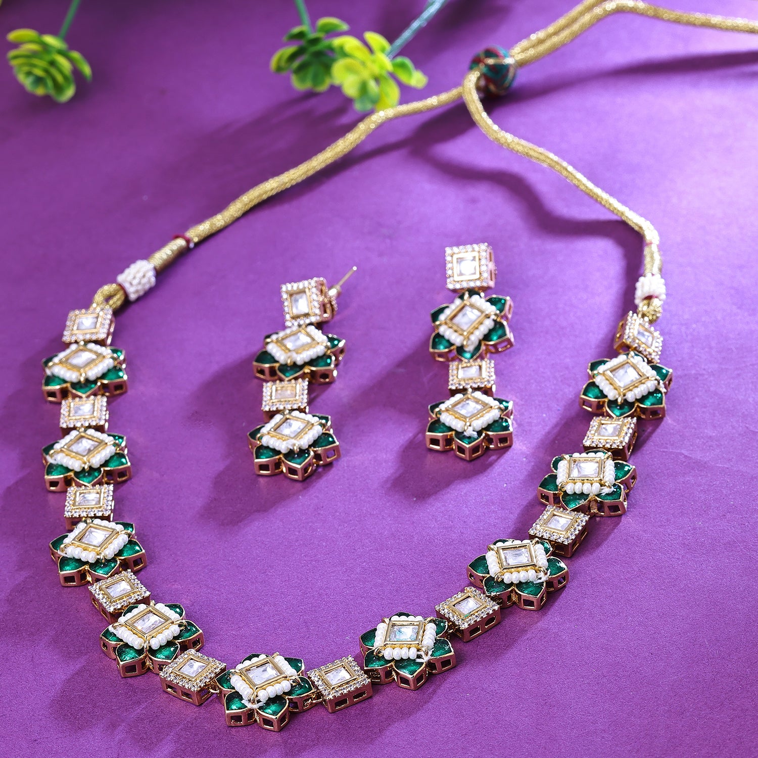 Sukkhi Adequate Green And Golden Austrian Stone Gold Plated Traditional Necklace Set for Women