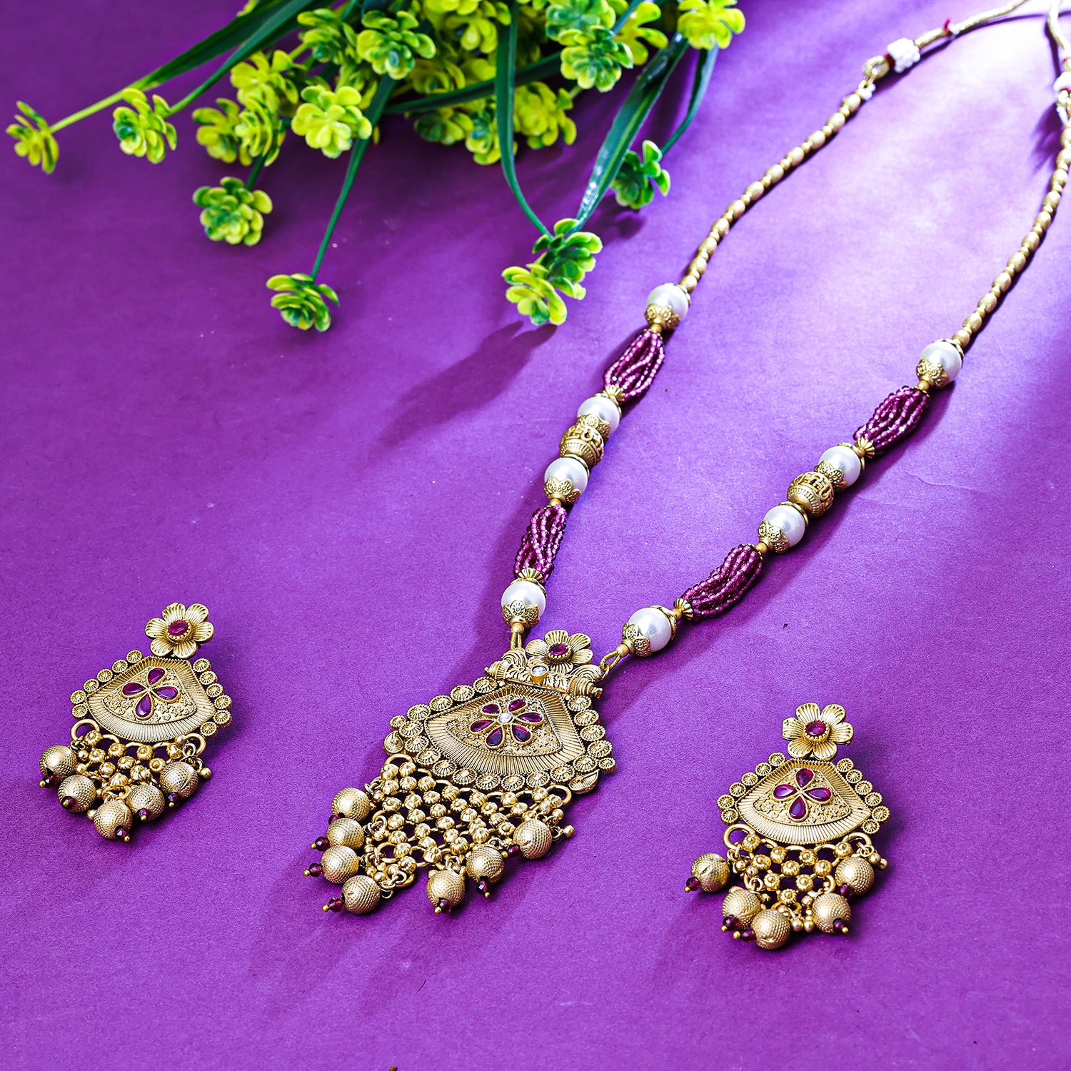 Sukkhi Exceptional Pink And Golden Pearl Gold Plated Traditional Necklace Set for Women