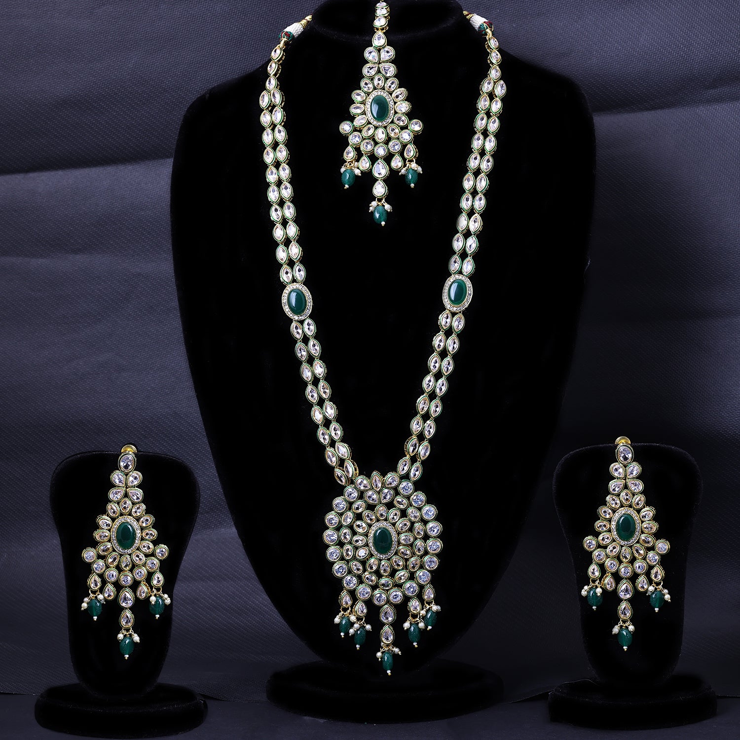 Sukkhi Select Green And Golden CZ Stone Gold Plated Traditional Necklace Set for Women