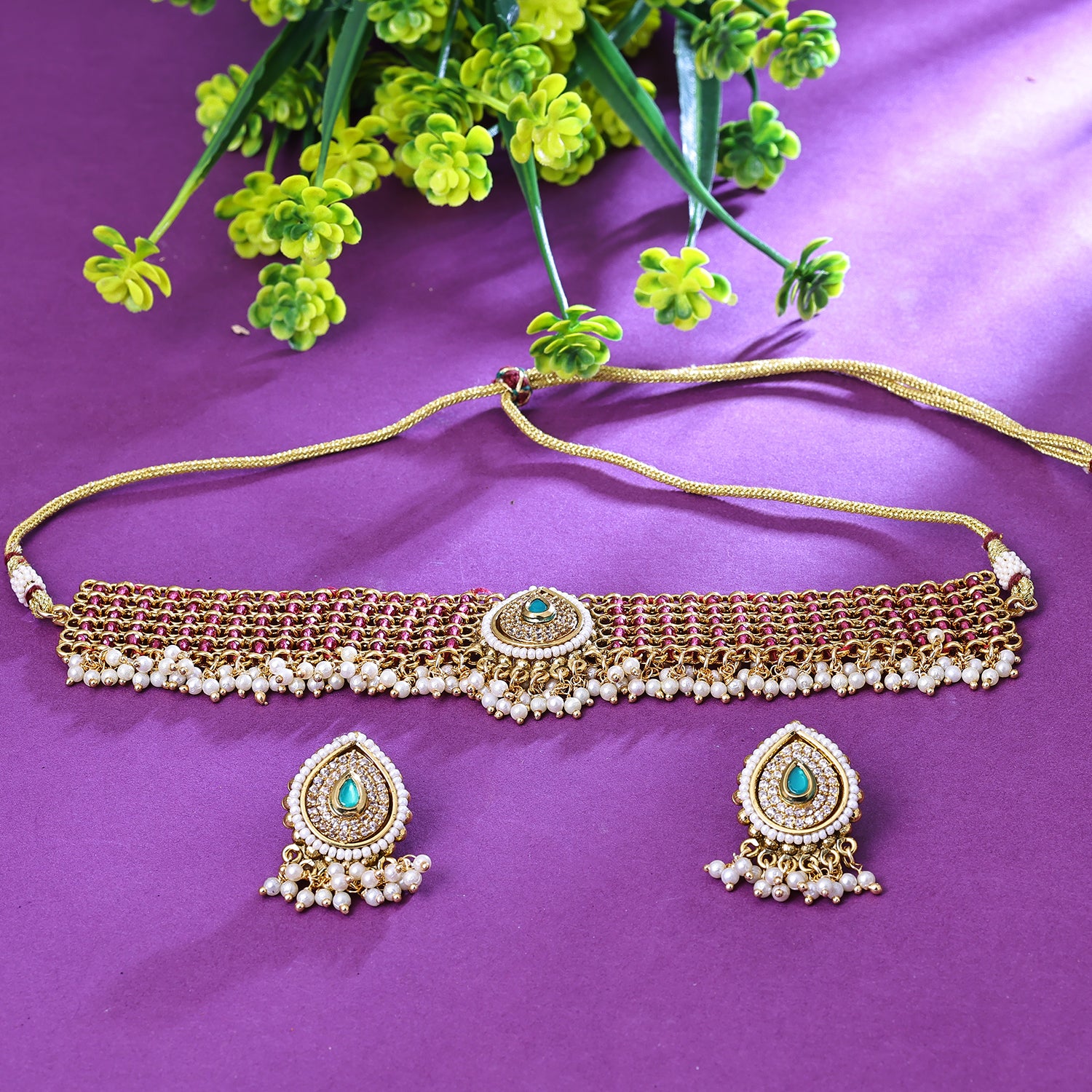 Sukkhi Classical Green And White Austrian Stone Gold Plated Traditional Necklace Set for Women