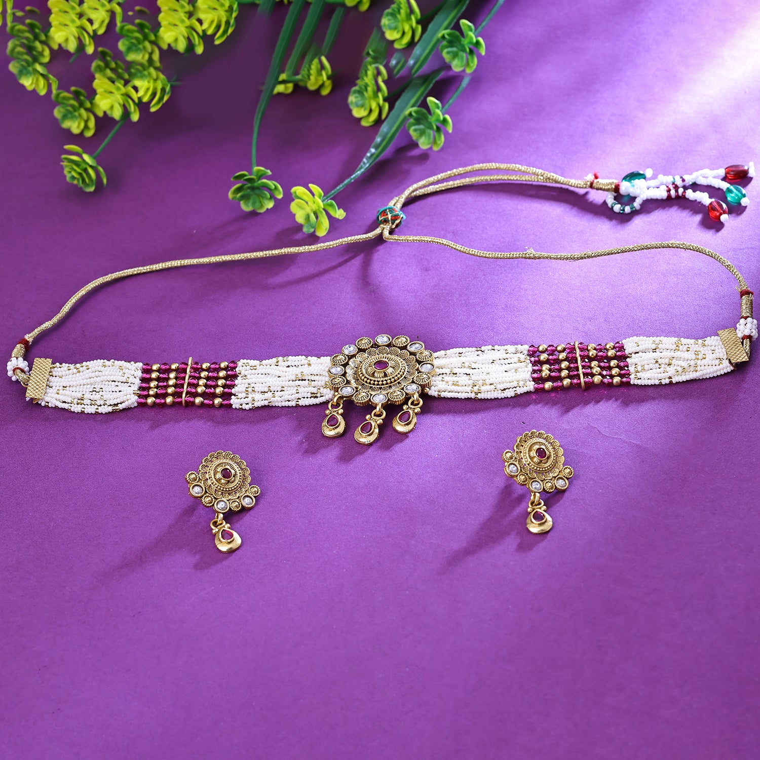 Sukkhi Standard Pink And White Austrian Stone Gold Plated Traditional Necklace Set for Women