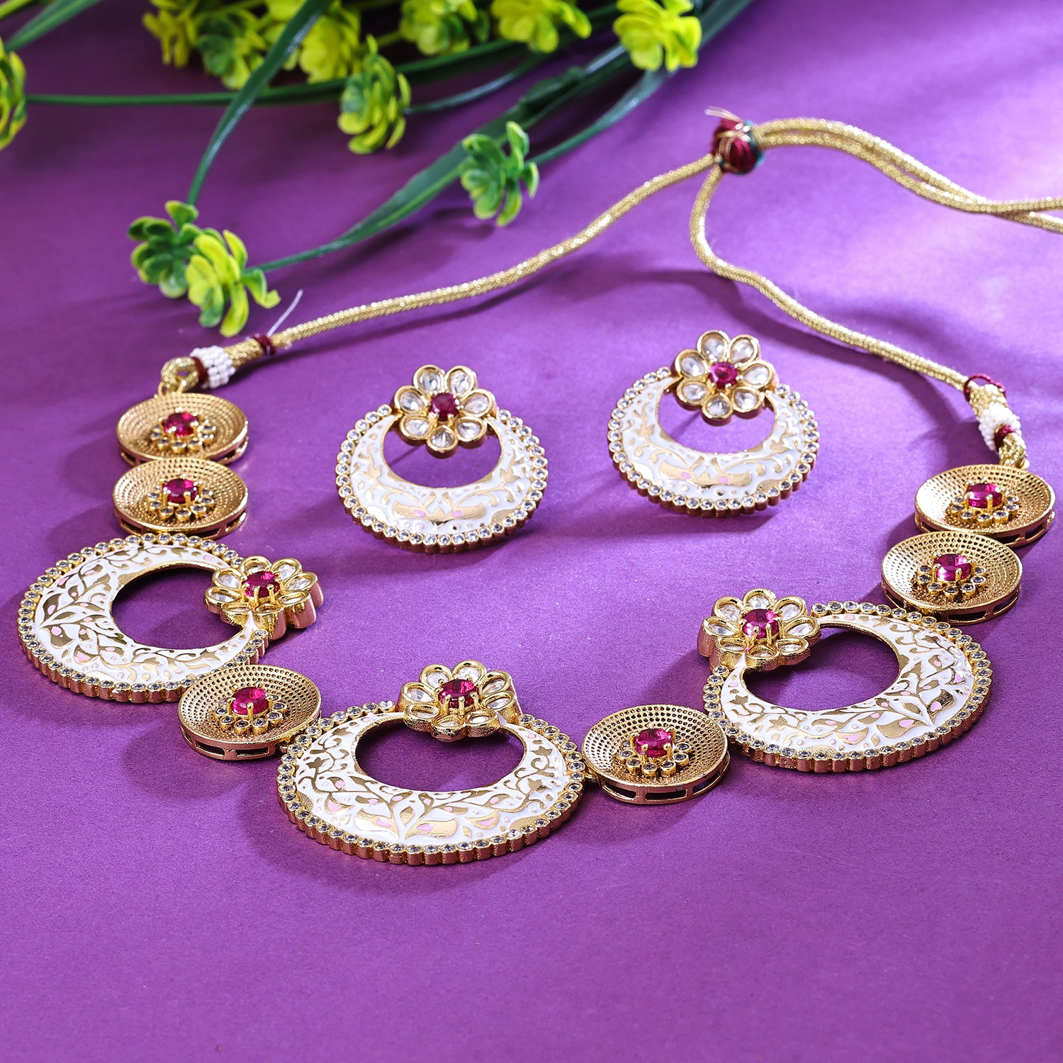 Sukkhi Traditional Pink And White Austrian Stone Gold Plated Traditional Necklace Set for Women