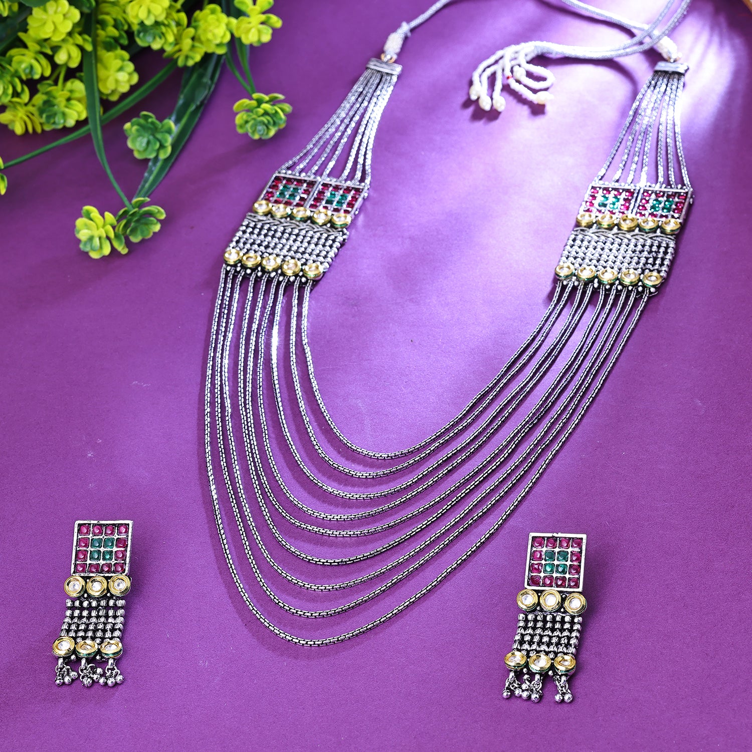 Sukkhi Absorbing Green And Silver Austrian Stone Rhodium Plated Traditional Necklace Set for Women