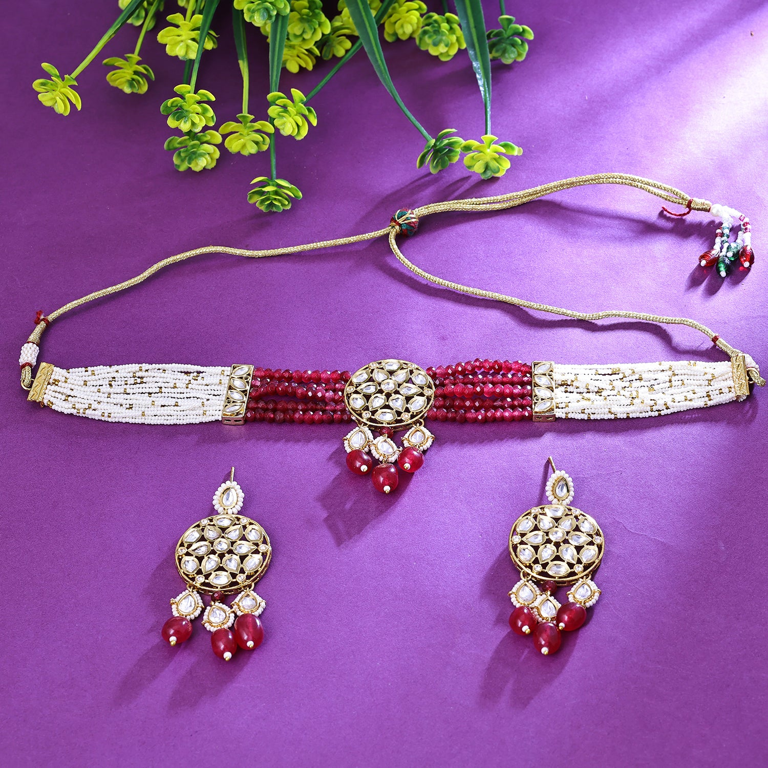 Sukkhi Enthralling Red And White Pearl Gold Plated Traditional Necklace Set for Women