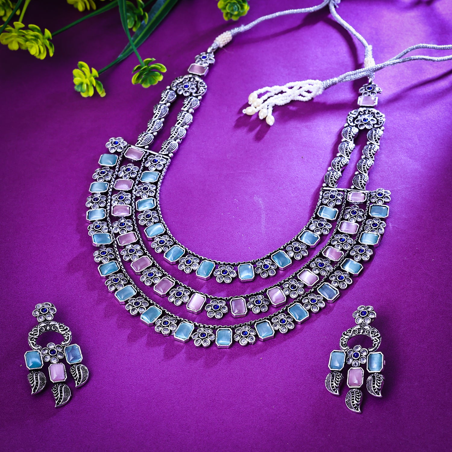 Sukkhi Beckoning Sky Blue Color Stone Rhodium Plated Traditional Necklace Set for Women