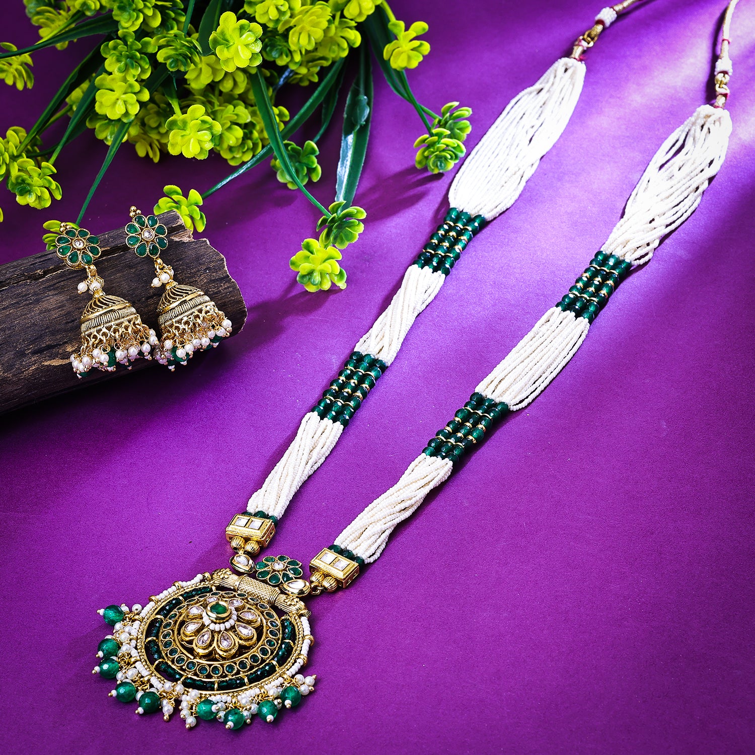 Sukkhi Inviting Green And White Austrian Stone Gold Plated Traditional Necklace Set for Women