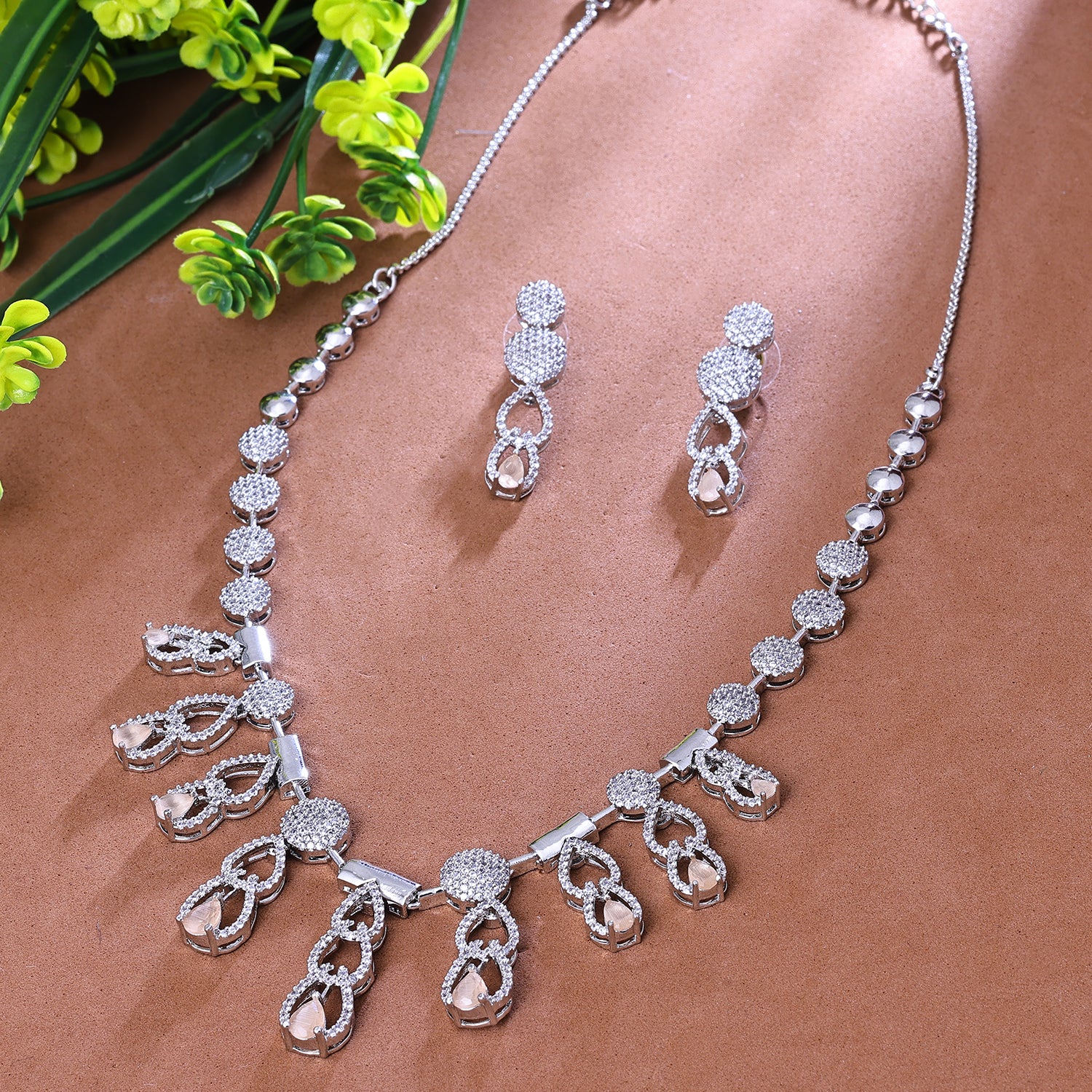 Sukkhi Engaging Silver CZ Stone Rhodium Plated Traditional Necklace Set for Women