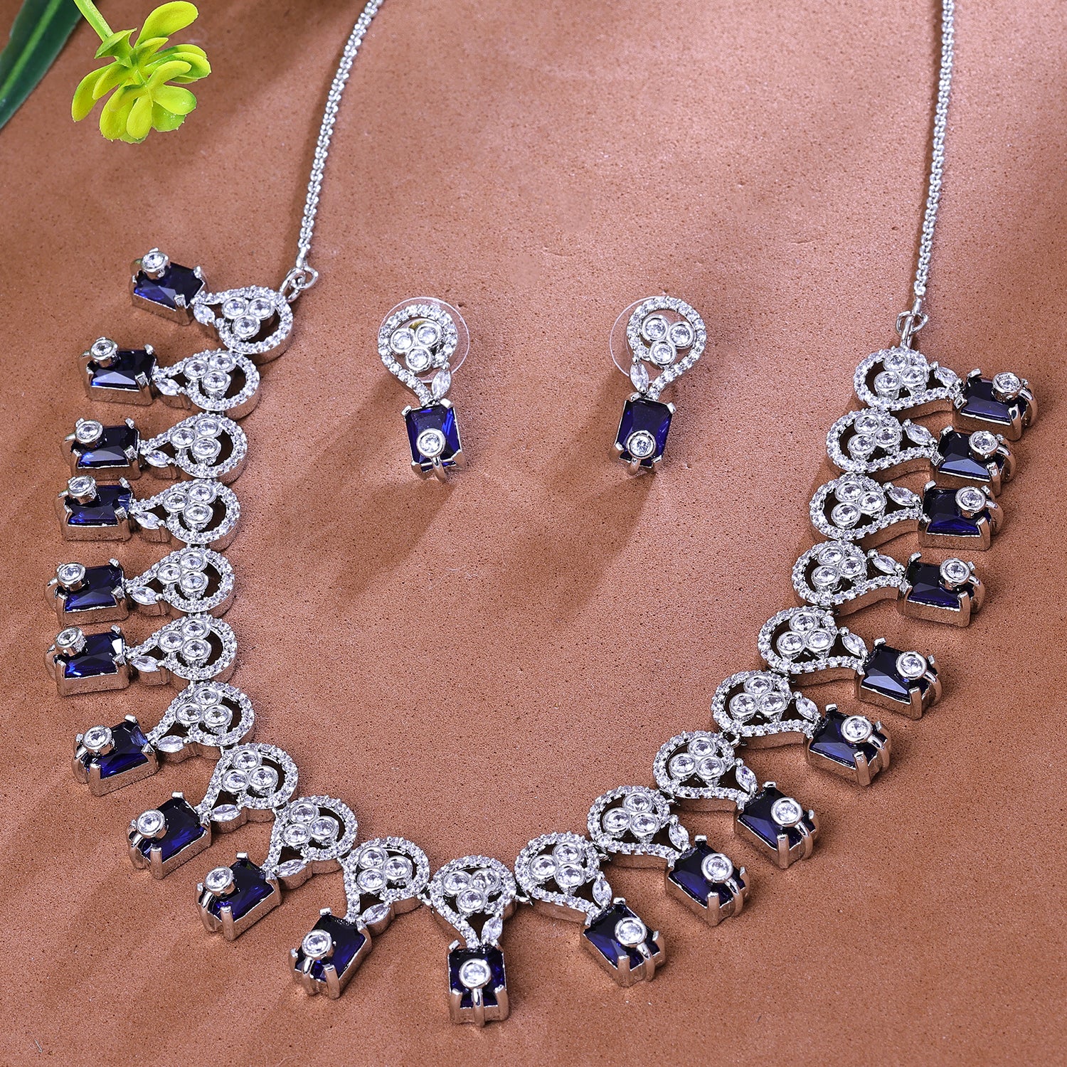 Sukkhi Fetching Blue And Silver Austrian Stone Rhodium Plated Traditional Necklace Set for Women