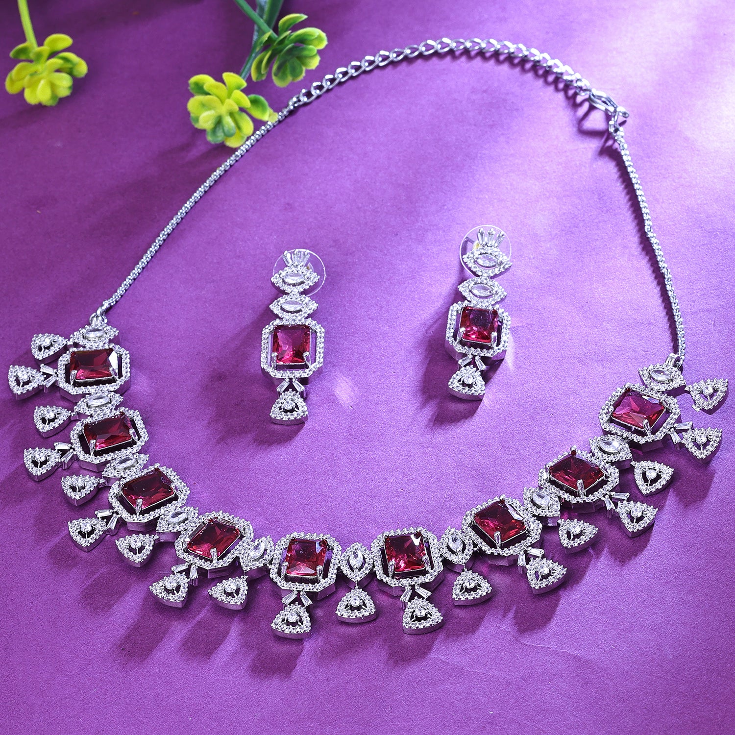 Sukkhi Glamorous Pink And Silver Austrian Stone Rhodium Plated Traditional Necklace Set for Women