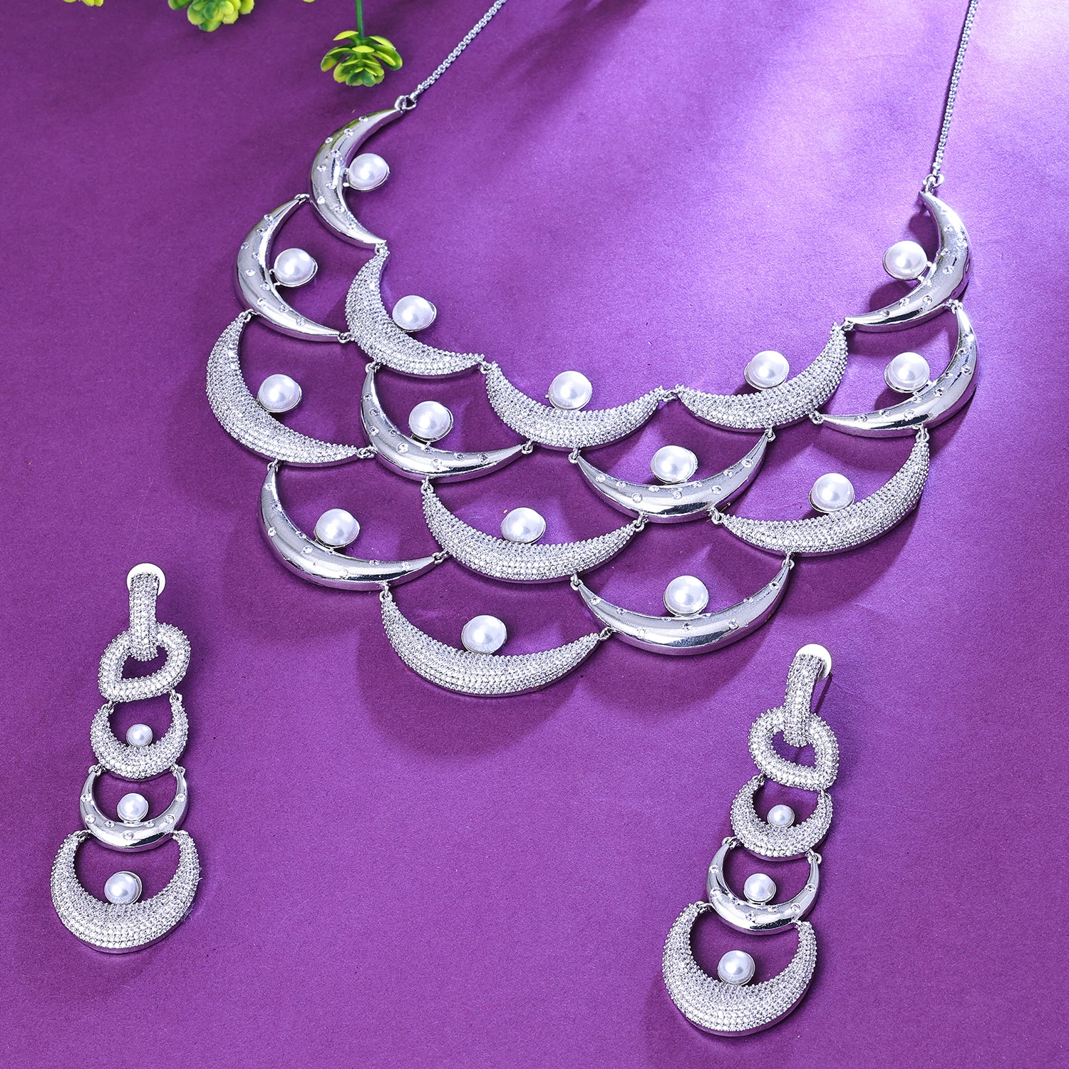 Sukkhi Glamourous Silver CZ Stone Rhodium Plated Traditional Necklace Set for Women