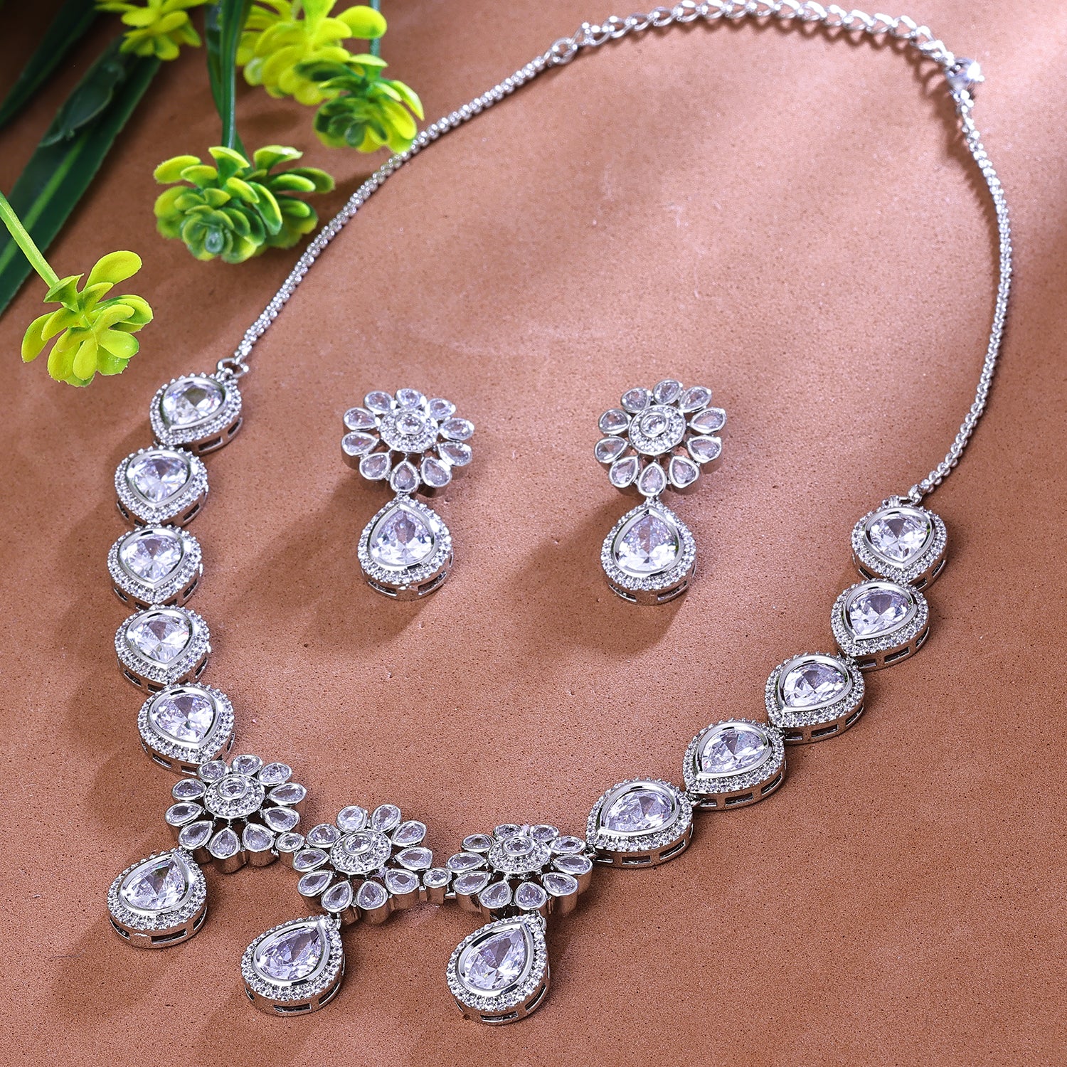 Sukkhi Enthralling Silver CZ Stone Rhodium Plated Traditional Necklace Set for Women
