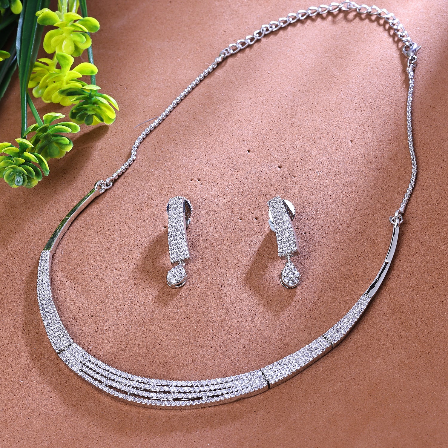 Sukkhi Spellbinding Silver CZ Stone Rhodium Plated Traditional Necklace Set for Women