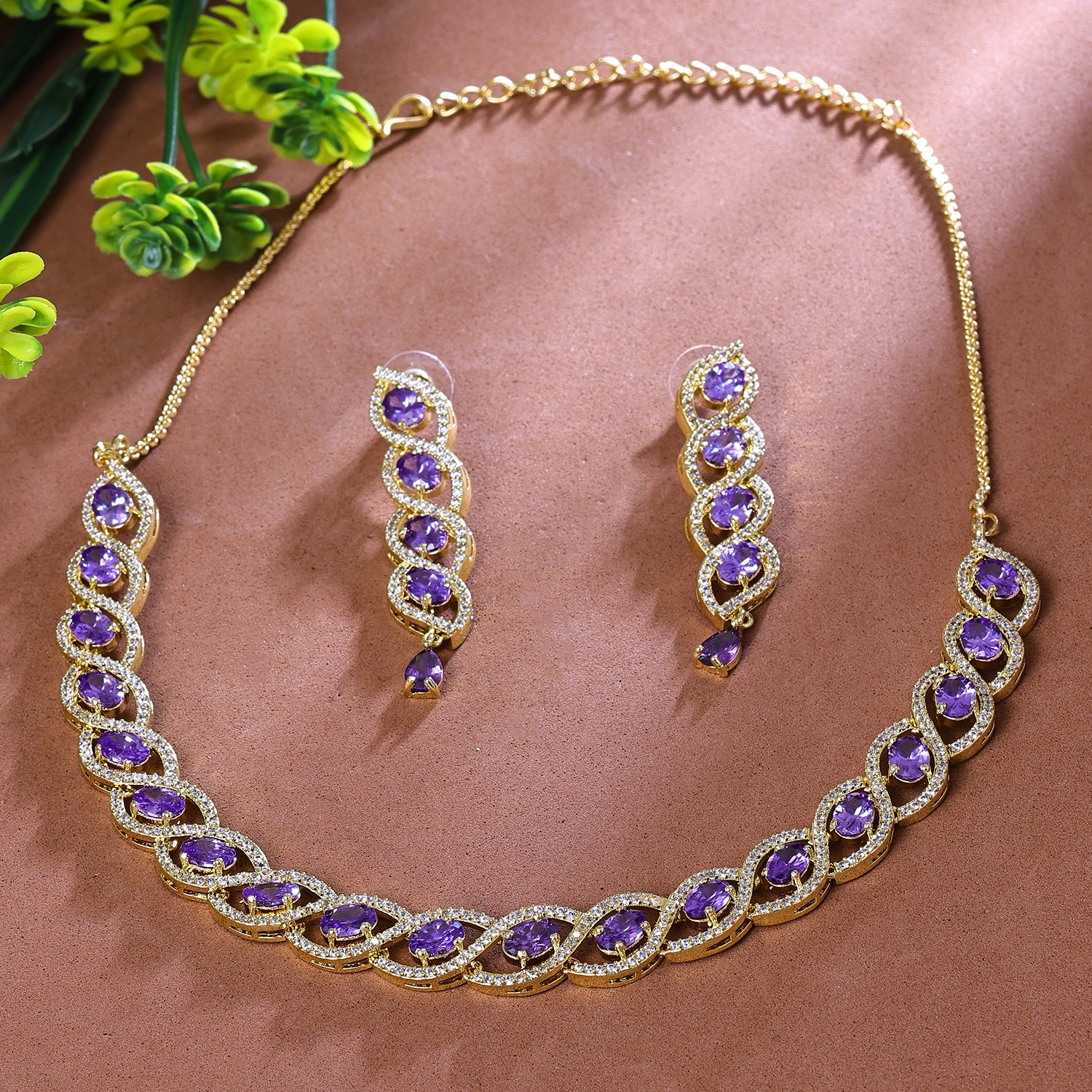 Darling metallic rose gold long necklace with purple crystal and white  zircons - Oxette