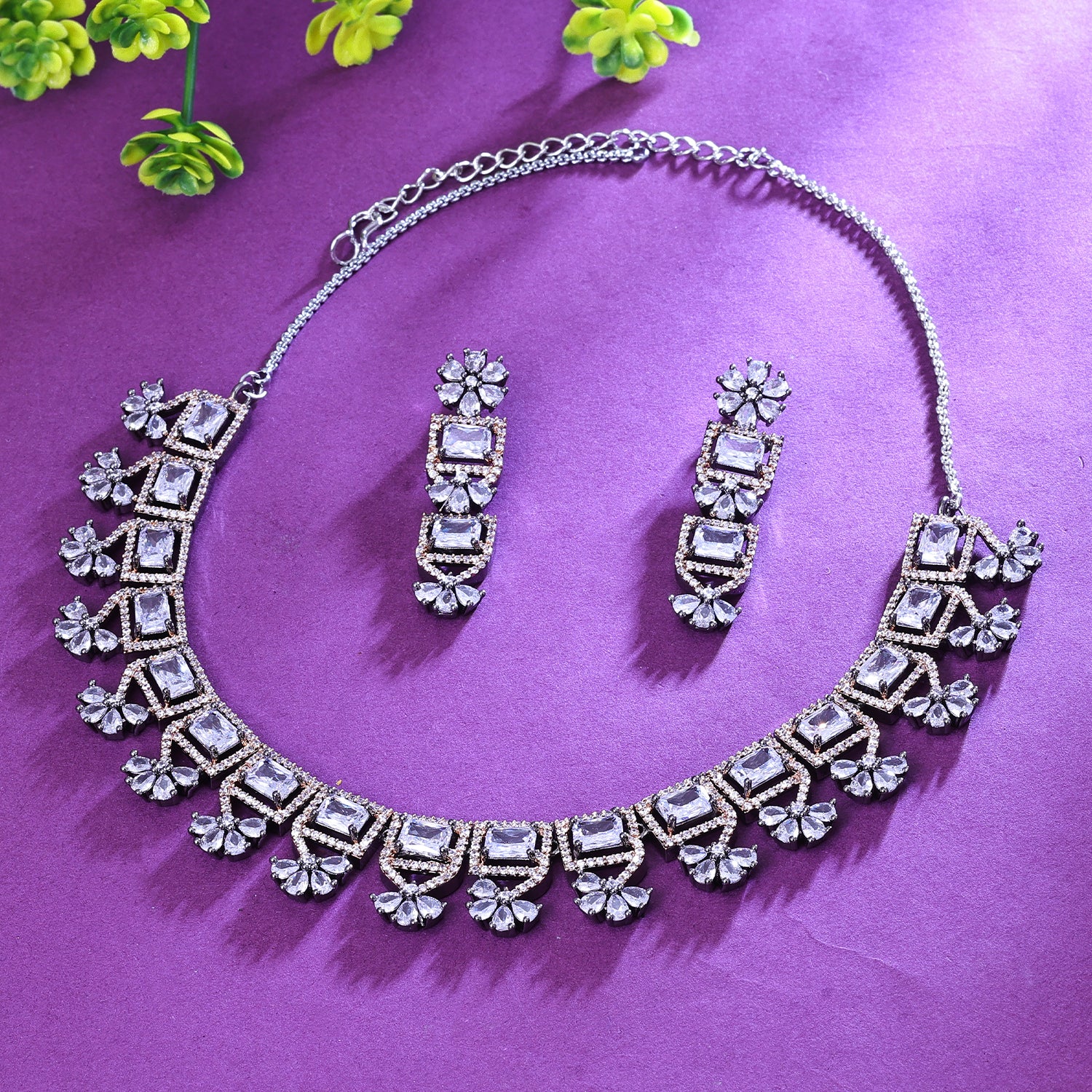 Sukkhi Beckoning Silver CZ Stone Rhodium Plated Traditional Necklace Set for Women