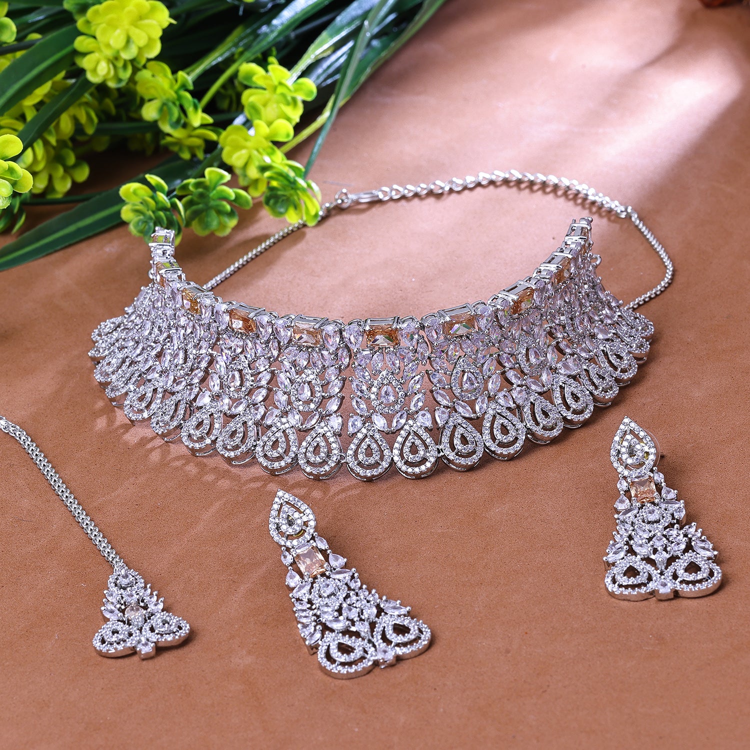 Sukkhi Cute Silver CZ Stone Rhodium Plated Traditional Necklace Set With Maang Tikka for Women