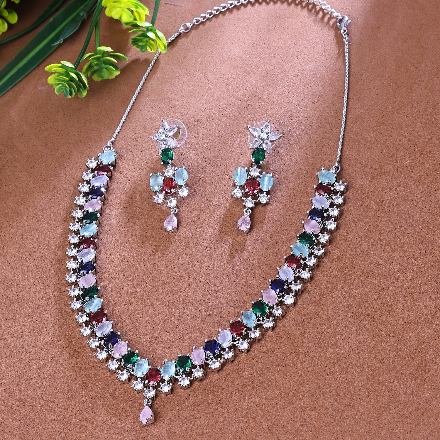 Sukkhi Good Multicolor CZ Stone Rhodium Plated Traditional Necklace Set for Women