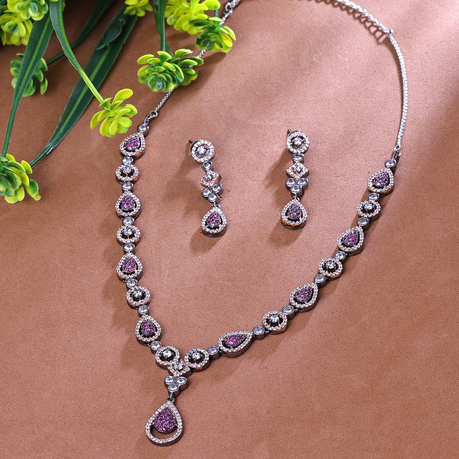 Sukkhi Goodly Purple And Silver Austrian Stone Rhodium Plated Traditional Necklace Set for Women