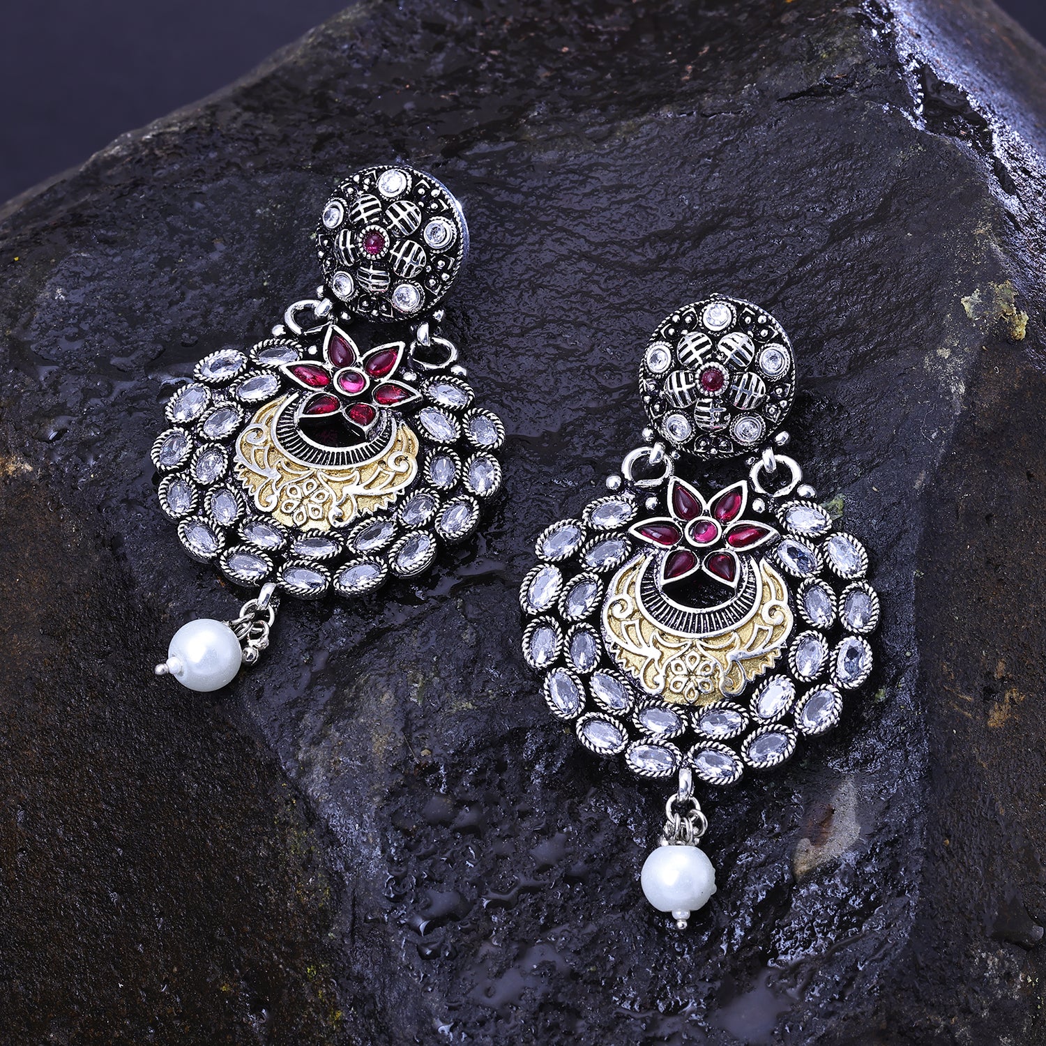 Sukkhi Seemly Pink And White CZ Stone Rhodium Plated Chandbali Earrings for Women