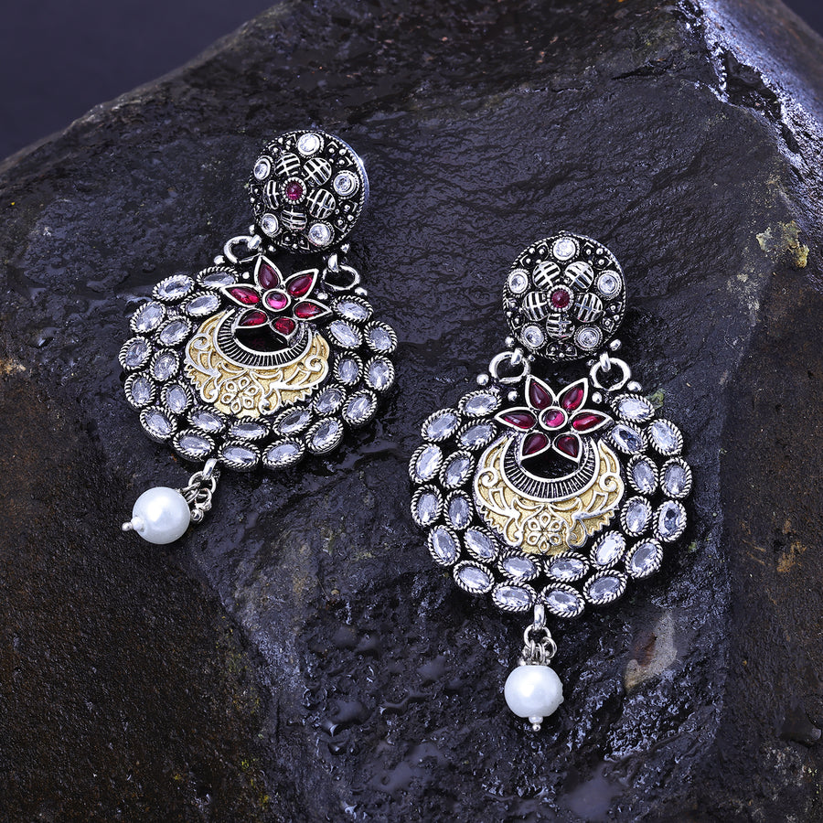 Sukkhi Seemly Pink And White CZ Stone Rhodium Plated Chandbali Earrings for Women