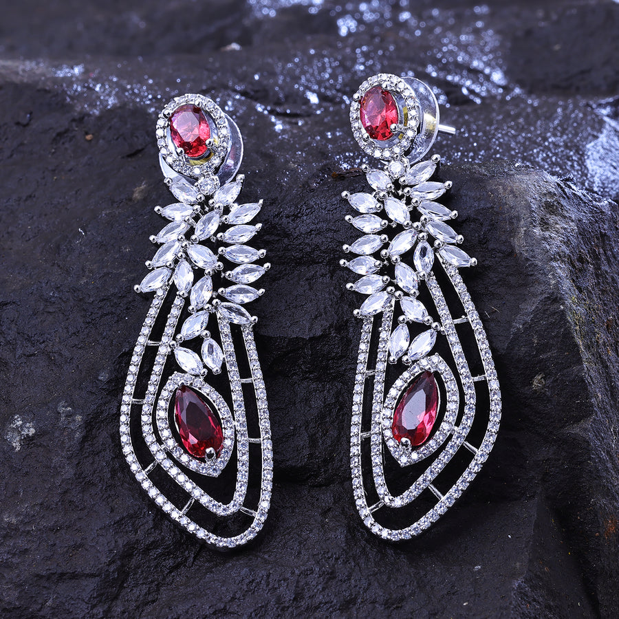 Sukkhi Sightly Pink And Silver CZ Stone Rhodium Plated Dangler Earrings for Women