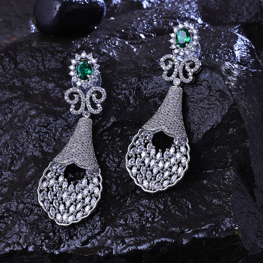 Sukkhi Well-Favored Green And Silver CZ Stone Rhodium Plated Dangler Earrings for Women