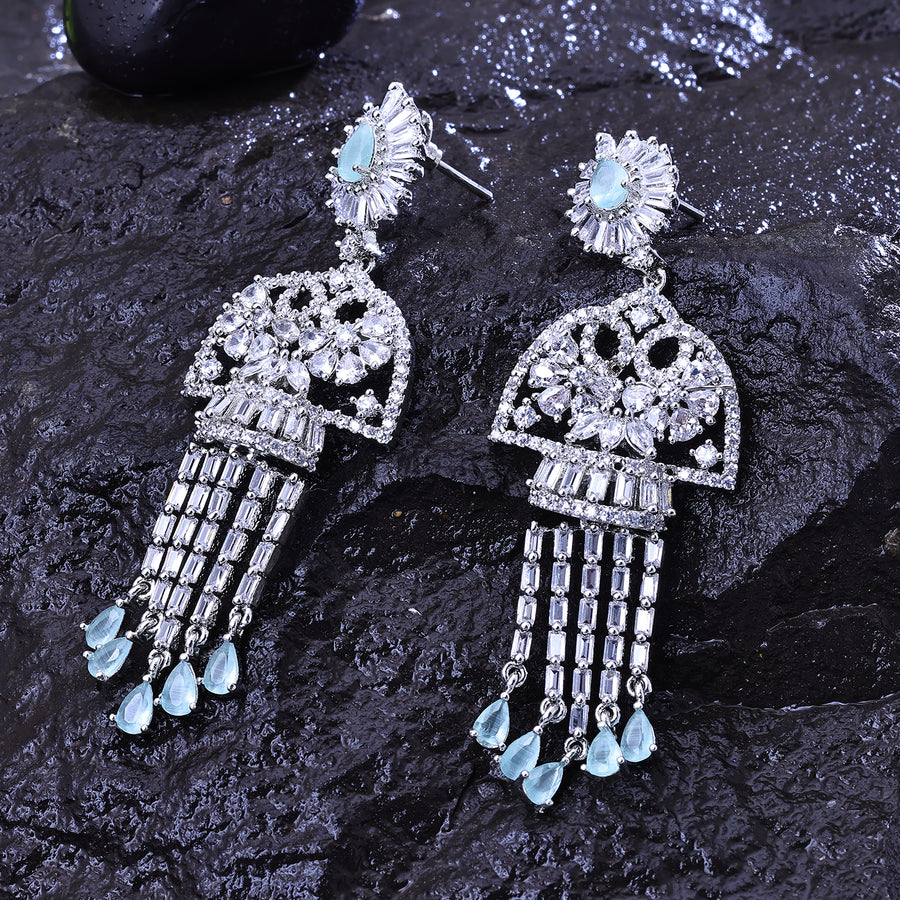 Sukkhi Exquisite Aqua Green And Silver CZ Stone Rhodium Plated Dangler Earrings for Women