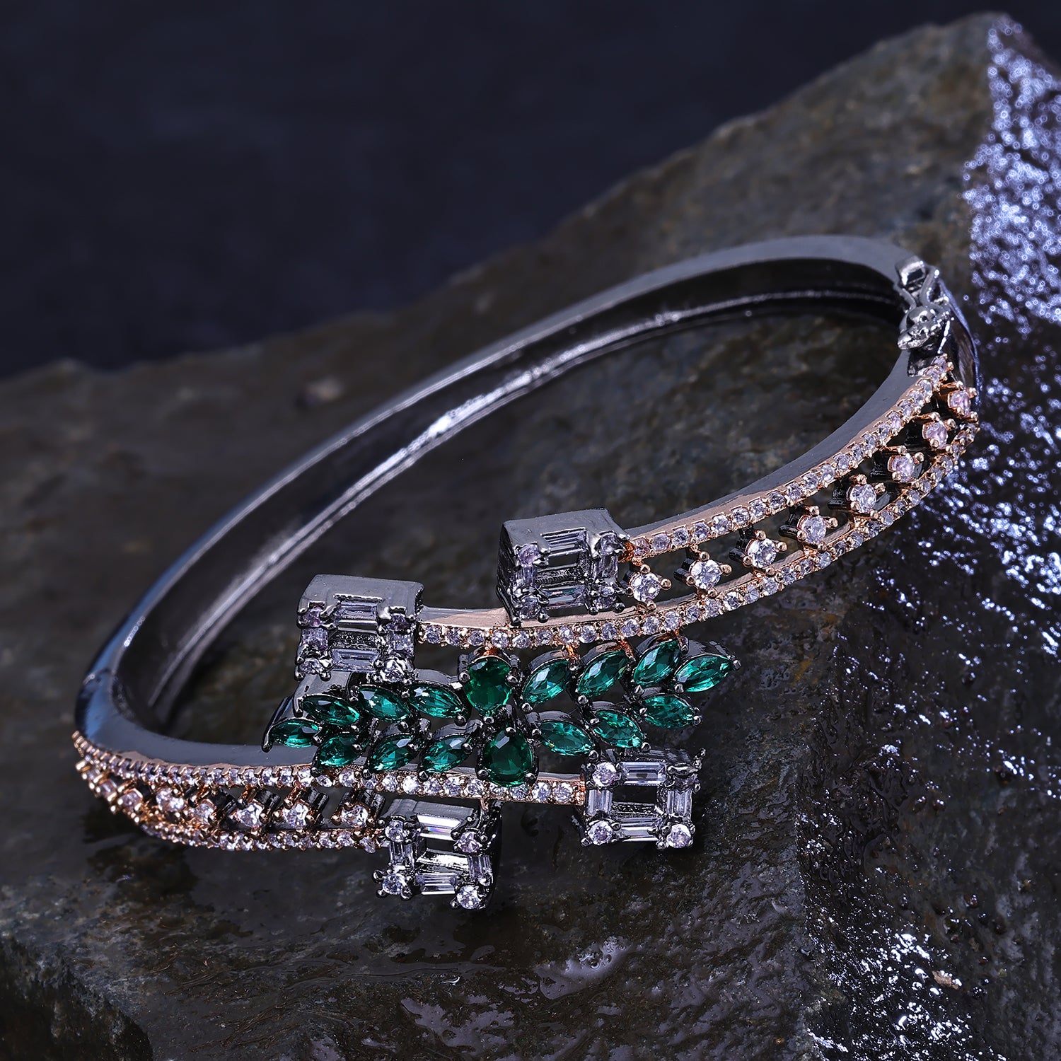 Sukkhi Nubile Green And Silver Austrian Stone Rhodium Plated Kada for Women