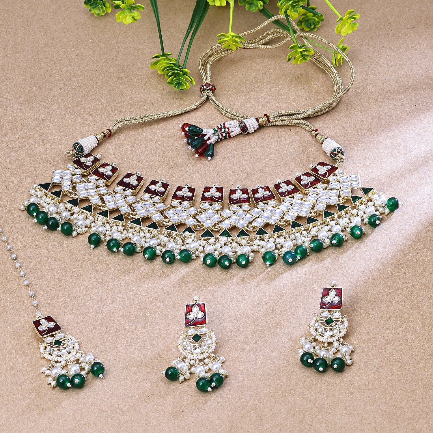 Sukkhi Tolerable Multicolor Kundan Gold Plated Traditional Necklace Set With Maang Tikka for Women