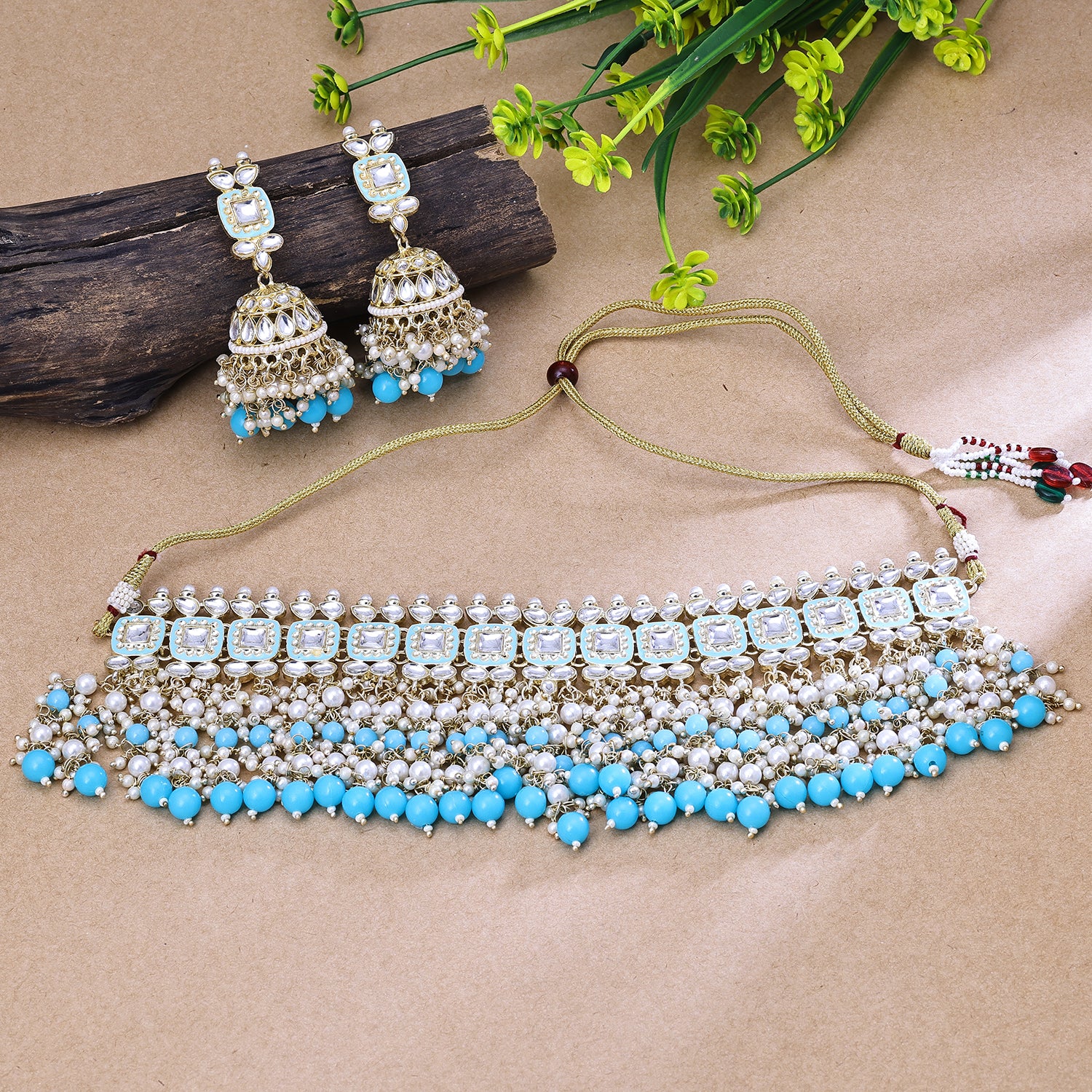Sukkhi Exceptional Sky Blue Austrian Stone Gold Plated Traditional Necklace Set for Women