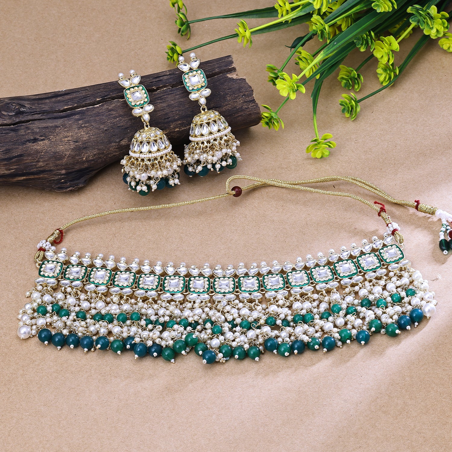 Sukkhi High-Grade Light Green Austrian Stone Gold Plated Traditional Necklace Set for Women