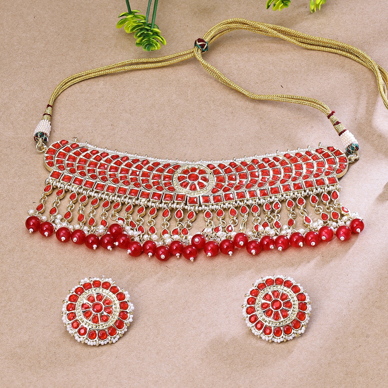 Sukkhi Superfine Red Kundan Gold Plated Traditional Necklace Set for Women