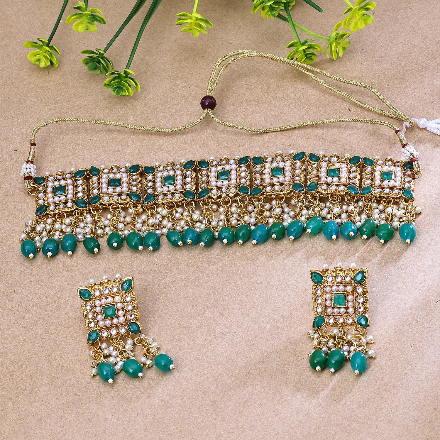 Sukkhi Traditional Green Kundan Gold Plated Traditional Necklace Set for Women