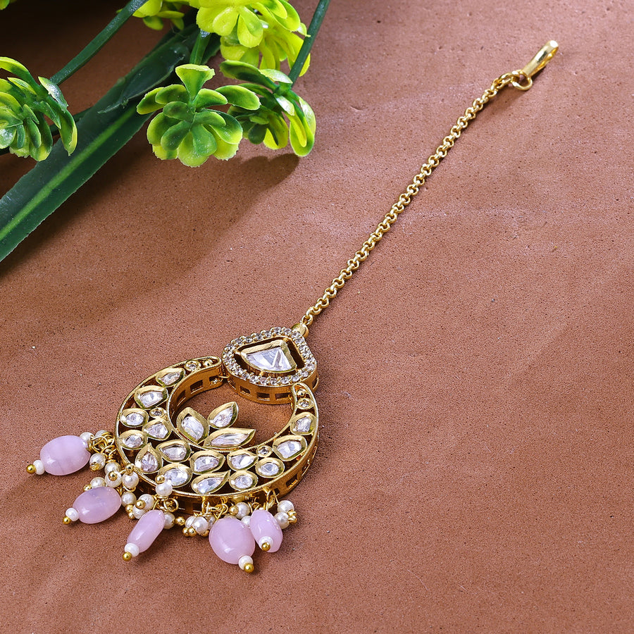 Sukkhi Charismatic Pink And Golden Austrian Stone Gold Plated Traditional Maang Tikka for Women