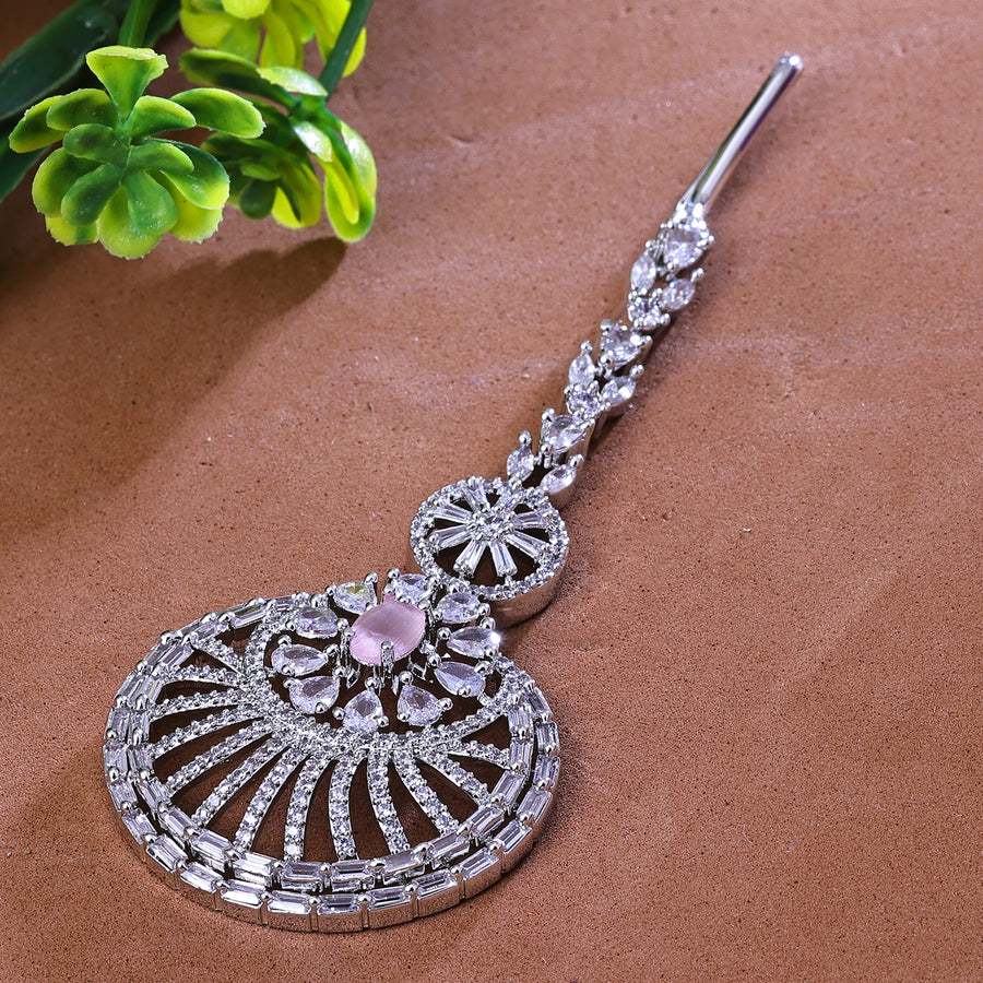 Sukkhi Glamourous Baby Pink And Silver CZ Stone Rhodium Plated Traditional Maang Tikka for Women