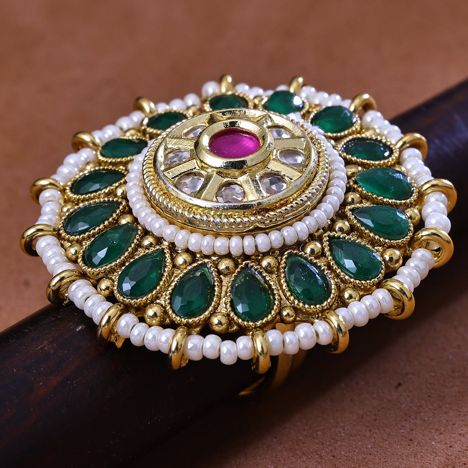 Sukkhi Enthralling Green Color Stone & Pearl Gold Plated Traditional Finger Ring for Women