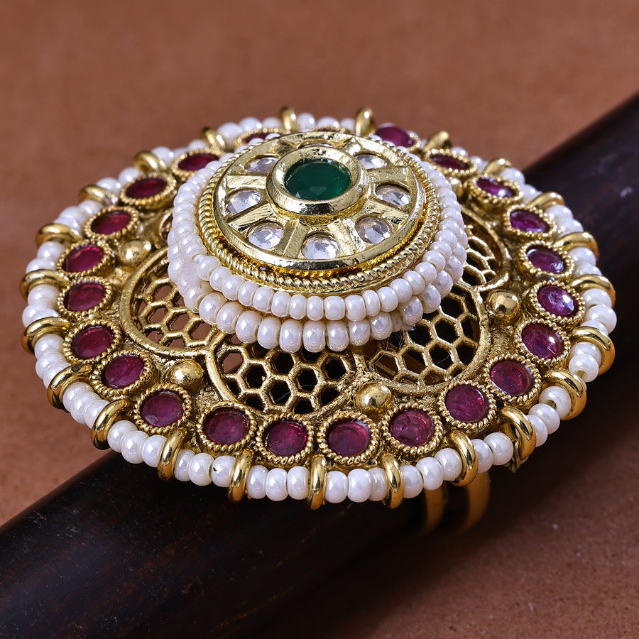 Sukkhi Hypnotizing Multicolor Kundan And Color Stone Gold Plated Traditional Finger Ring for Women