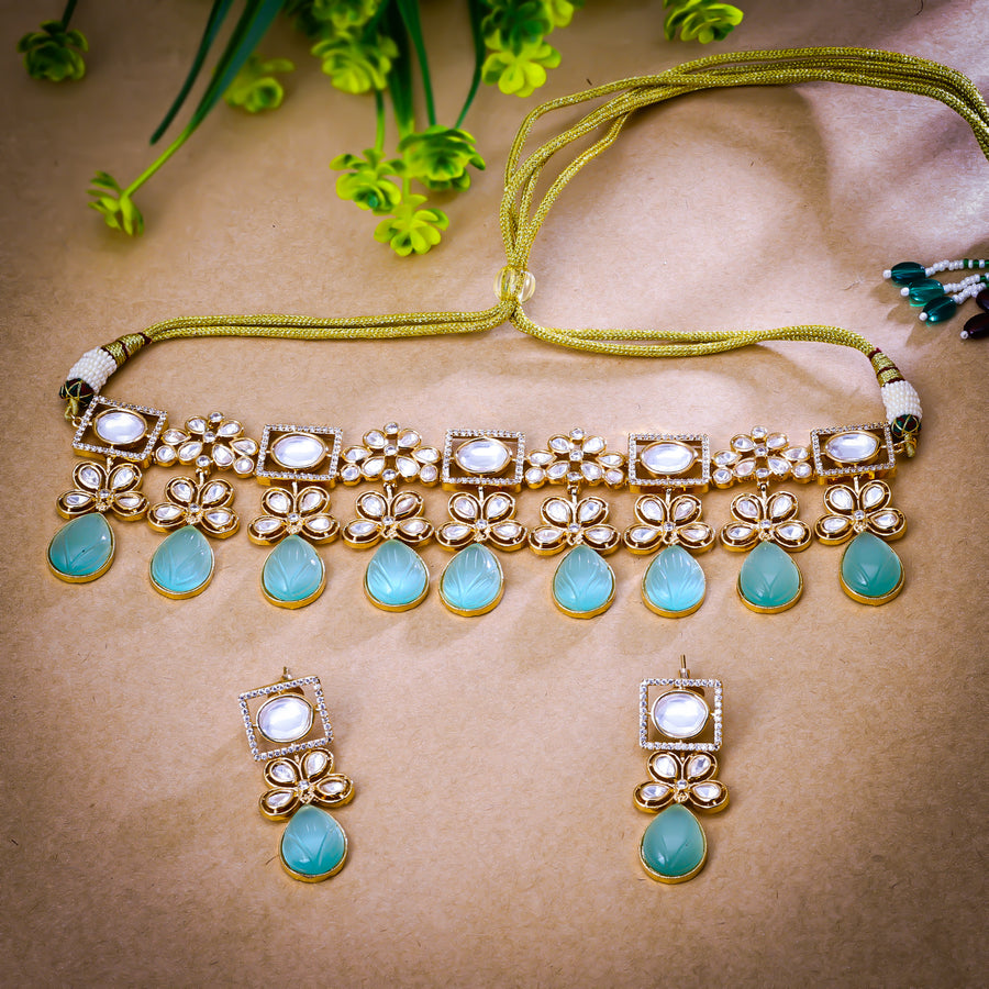 Sukkhi Titillating Sky Blue Color Stone Gold Plated Traditional Necklace Set for Women