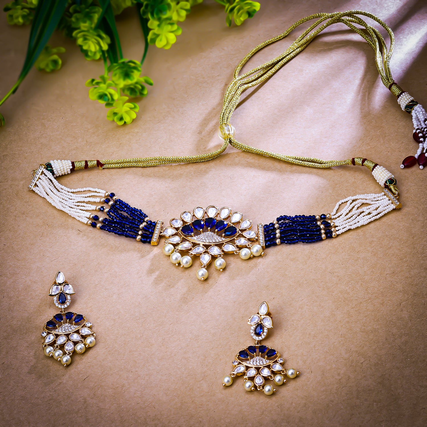 Sukkhi Beckoning Blue And White Austrian Stone Gold Plated Traditional Necklace Set for Women