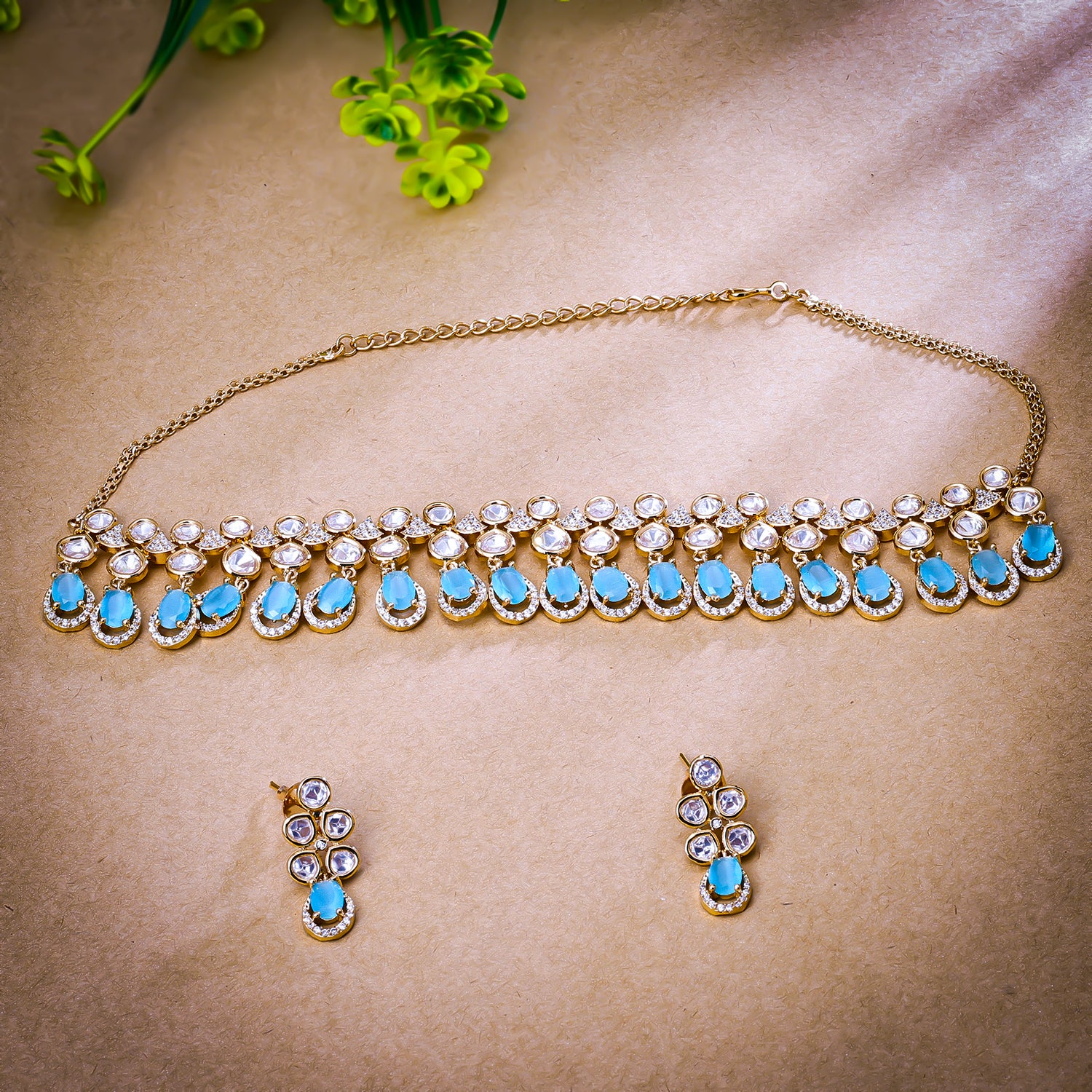 Platinum plated cz and sapphire blue stone V-shape necklace set -