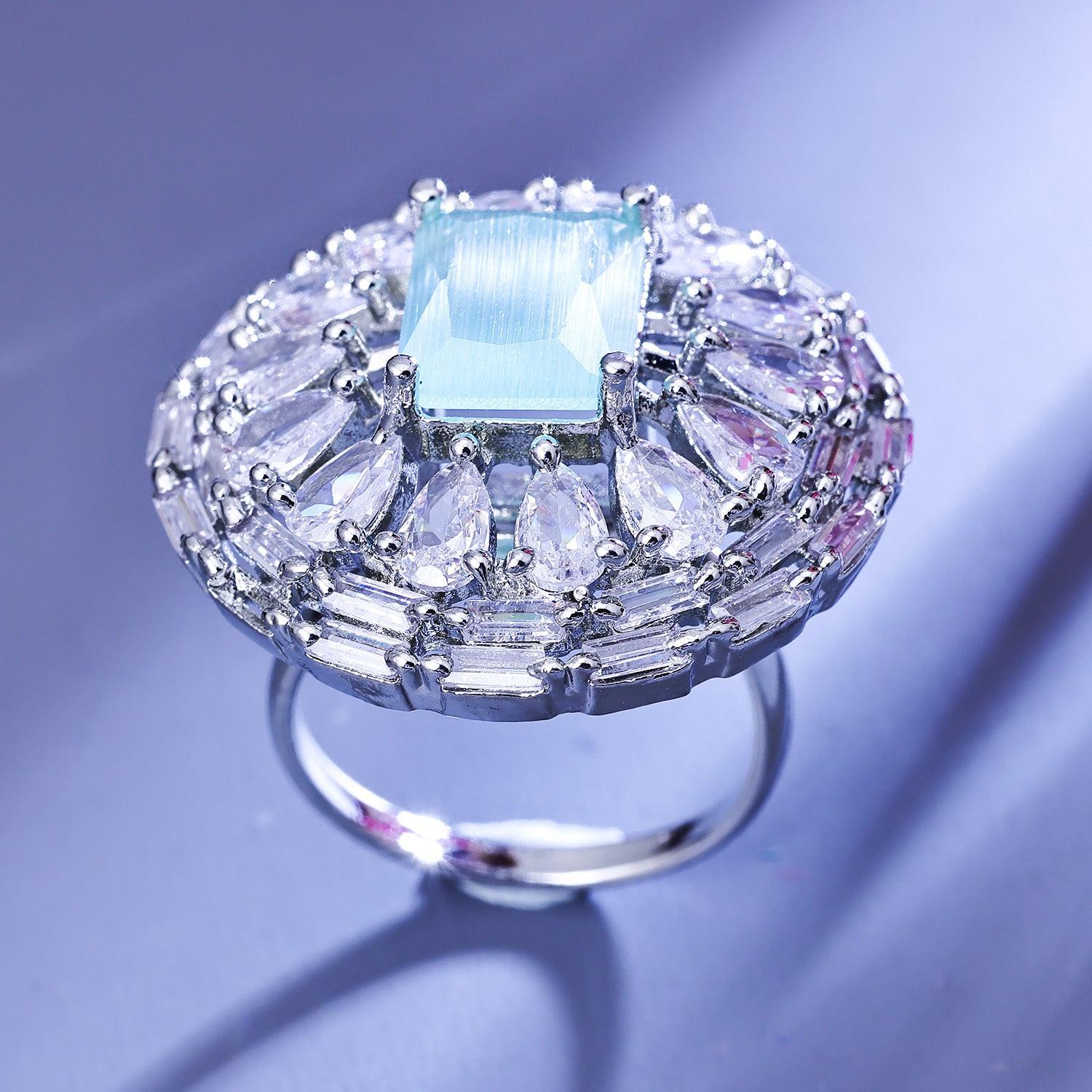 Sukkhi Prepossessing Sky Blue And Silver CZ Stone Rhodium Plated Traditional Finger Ring for Women