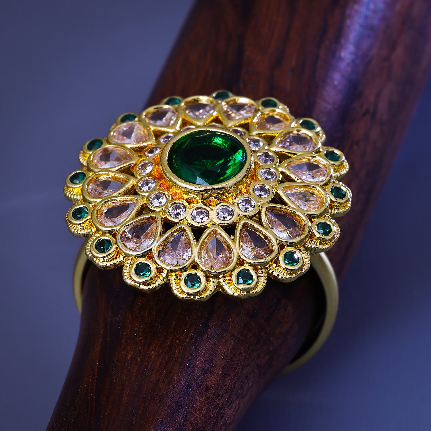 Exquisite Floral Gold Finger Ring with Rava Work